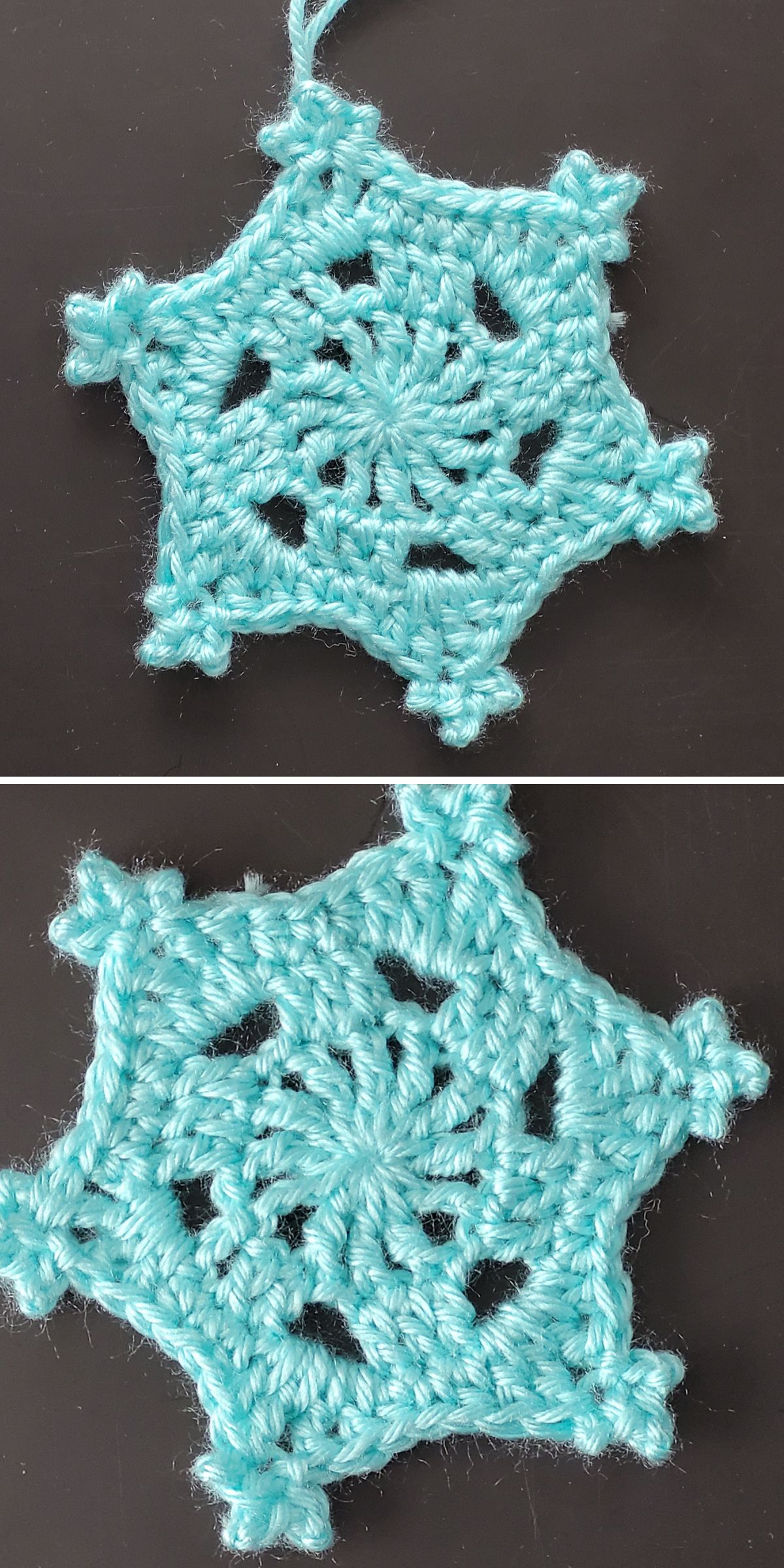 Two close-up photos of a light blue, crocheted six-pointed snowflake ornament displayed on a dark background.