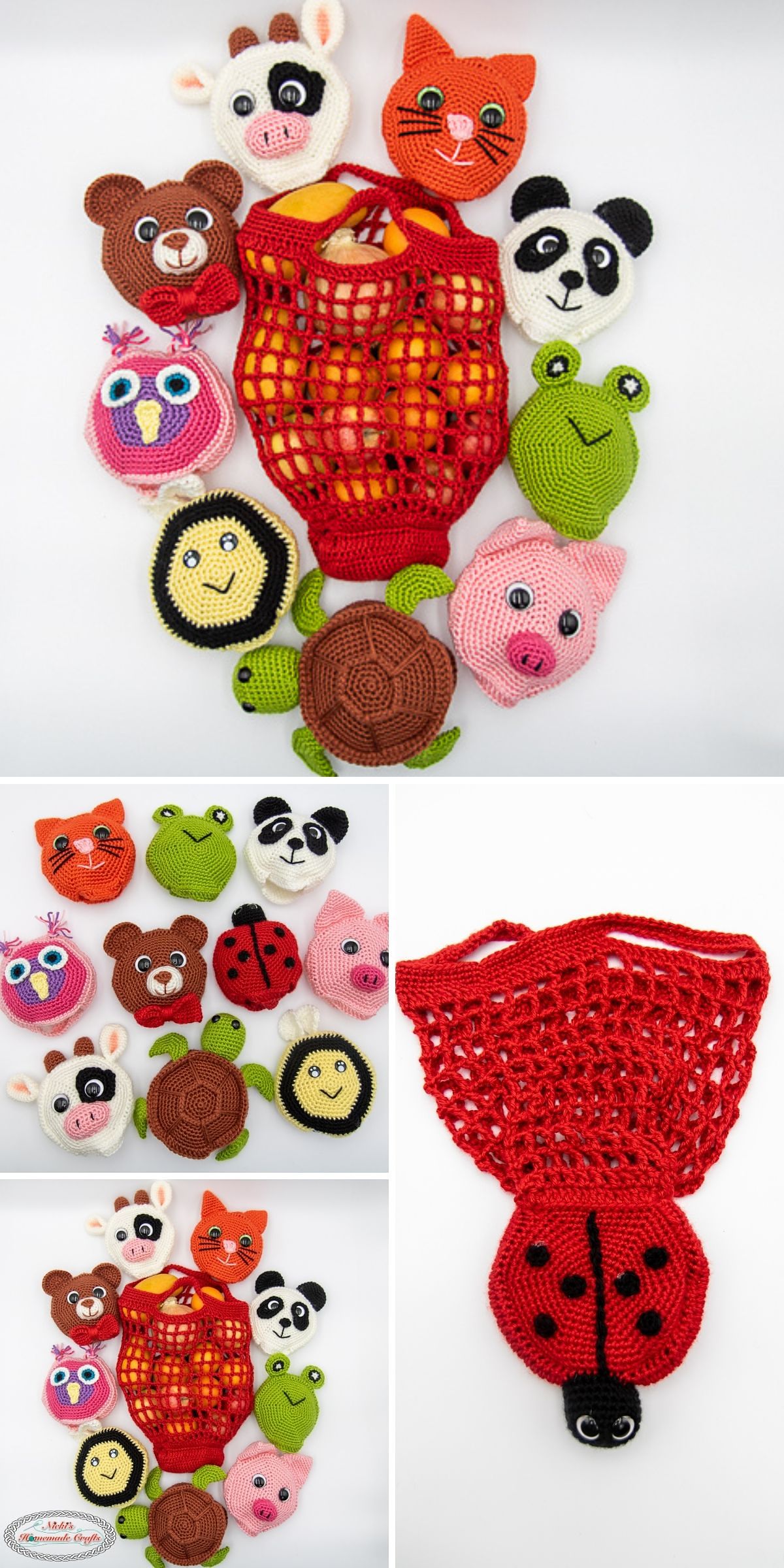A Crochet Market Bag in red mesh is surrounded by colorful crocheted animal and insect face pouches, including a cow, cat, bear, owl, frog, pig, and ladybug.