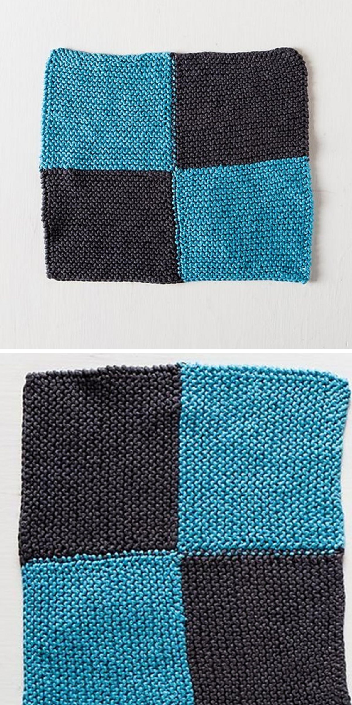 A knitted dishcloth featuring a square shape with four equal sections — two black and two blue — arranged in an alternating checkerboard pattern.