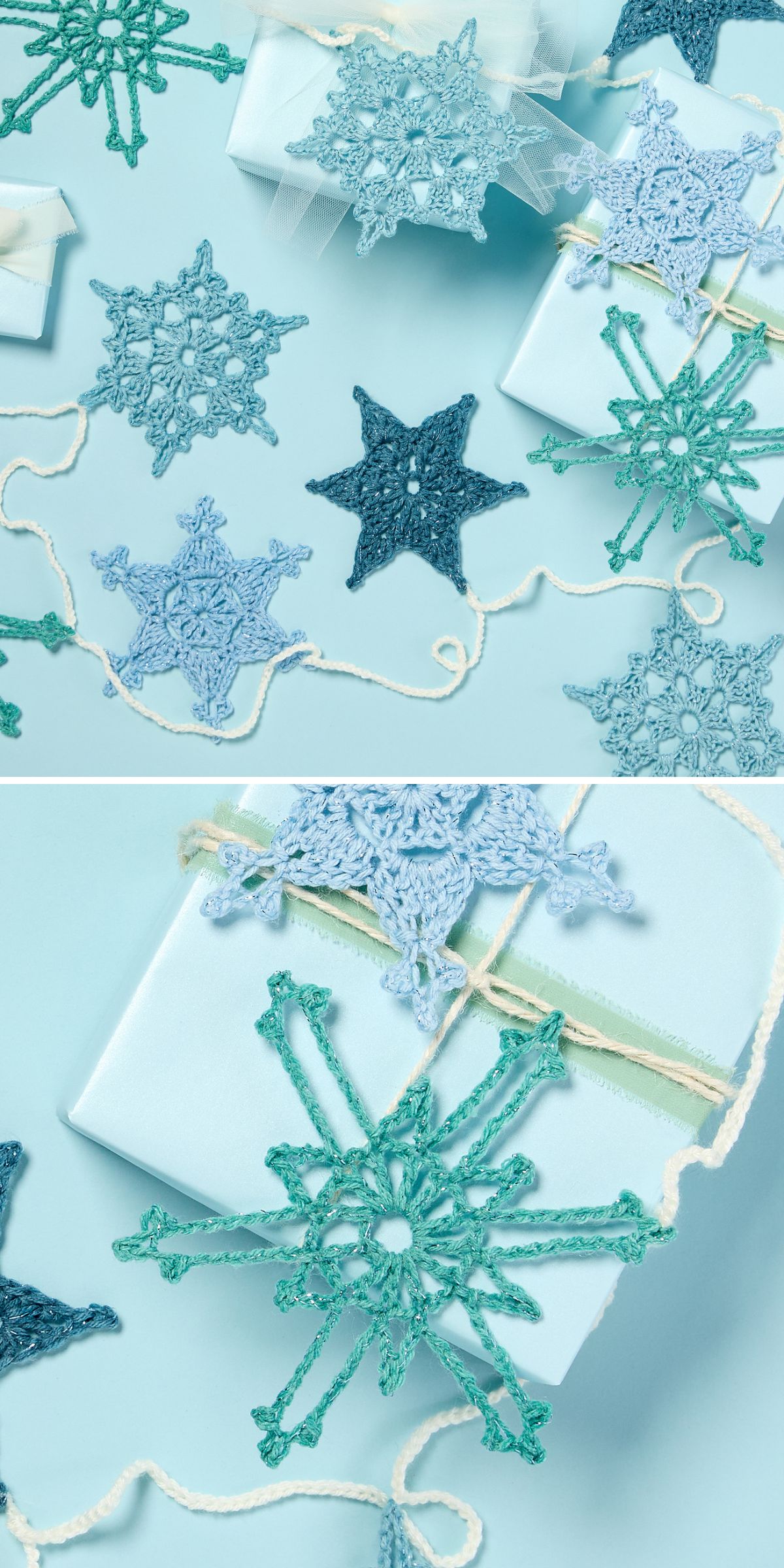 Crochet snowflake ornaments in various shades of blue are arranged around light blue gift boxes on a blue background.