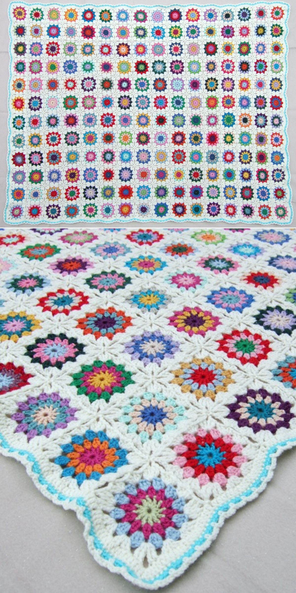 A crocheted blanket made of small, colorful granny squares with white borders is shown laid flat and viewed up close at an angle — perfect inspiration for Christmas crochet blankets.
