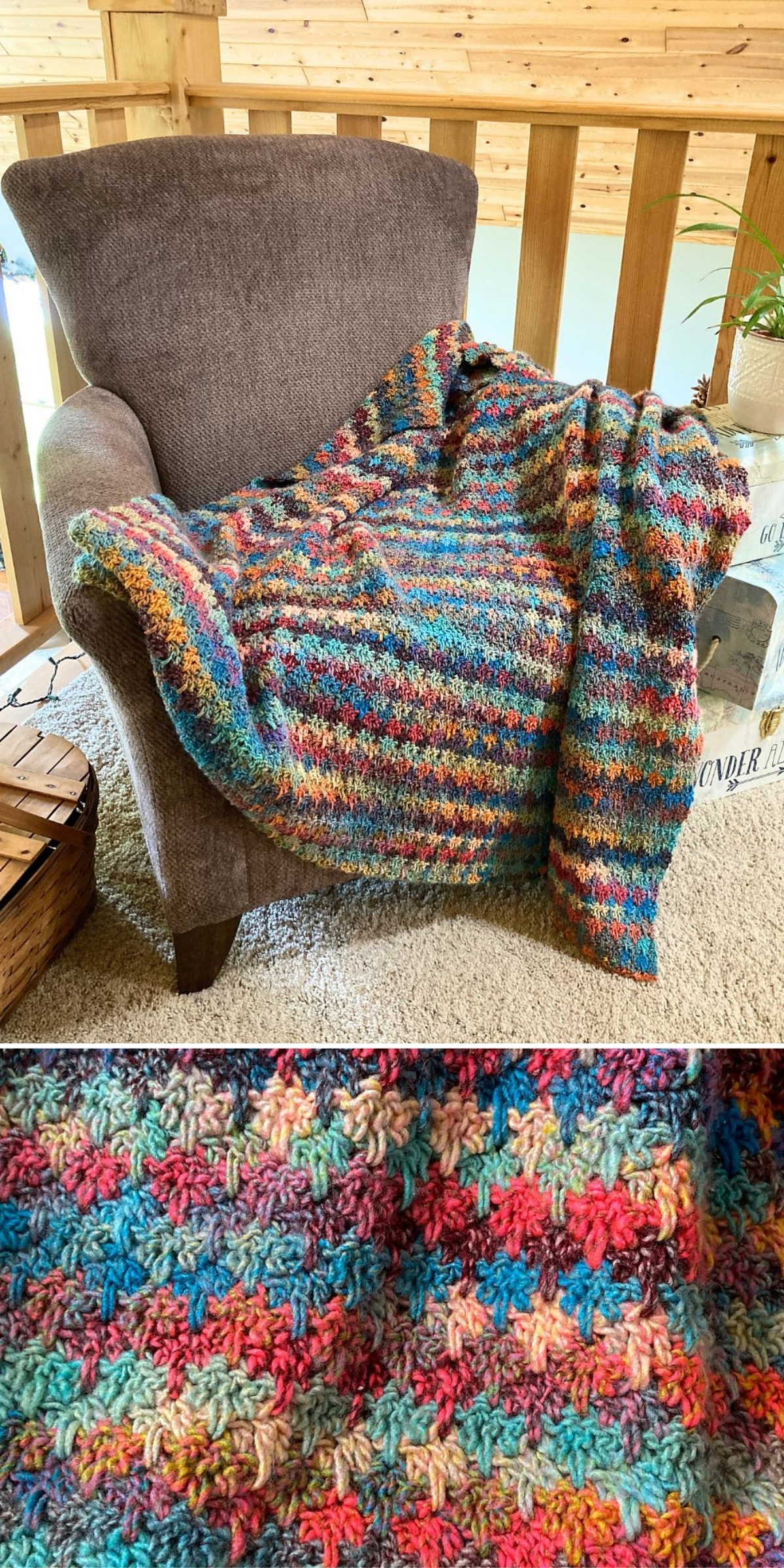 A multicolored crocheted blanket draped over a brown armchair in a cozy room, reminiscent of classic crochet afghans. Close-up shows the textured crochet pattern in various bright colors.