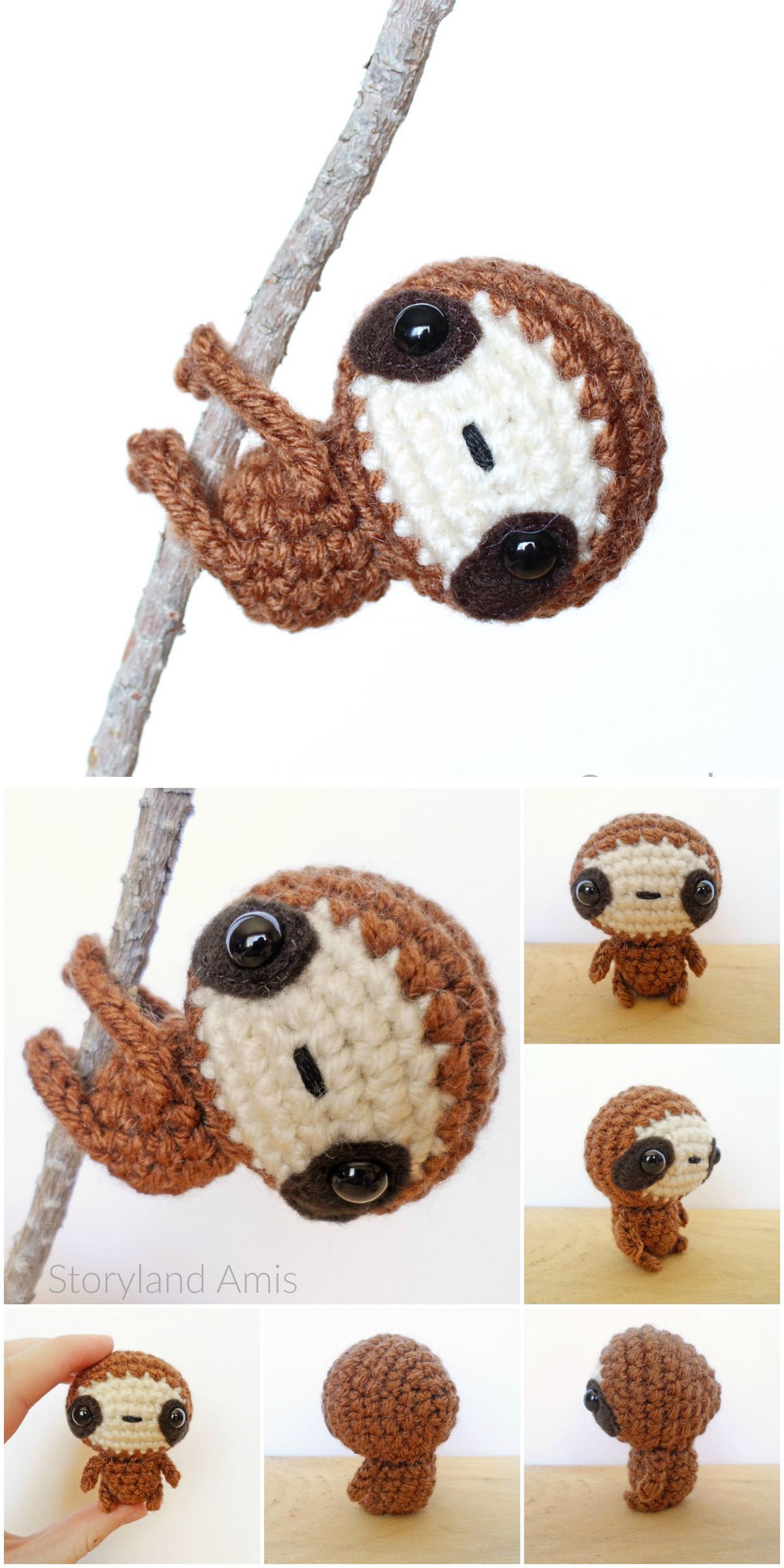 A small, crocheted sloth with large black eyes clings to a twig; additional images show various angles of the handmade plush toy.