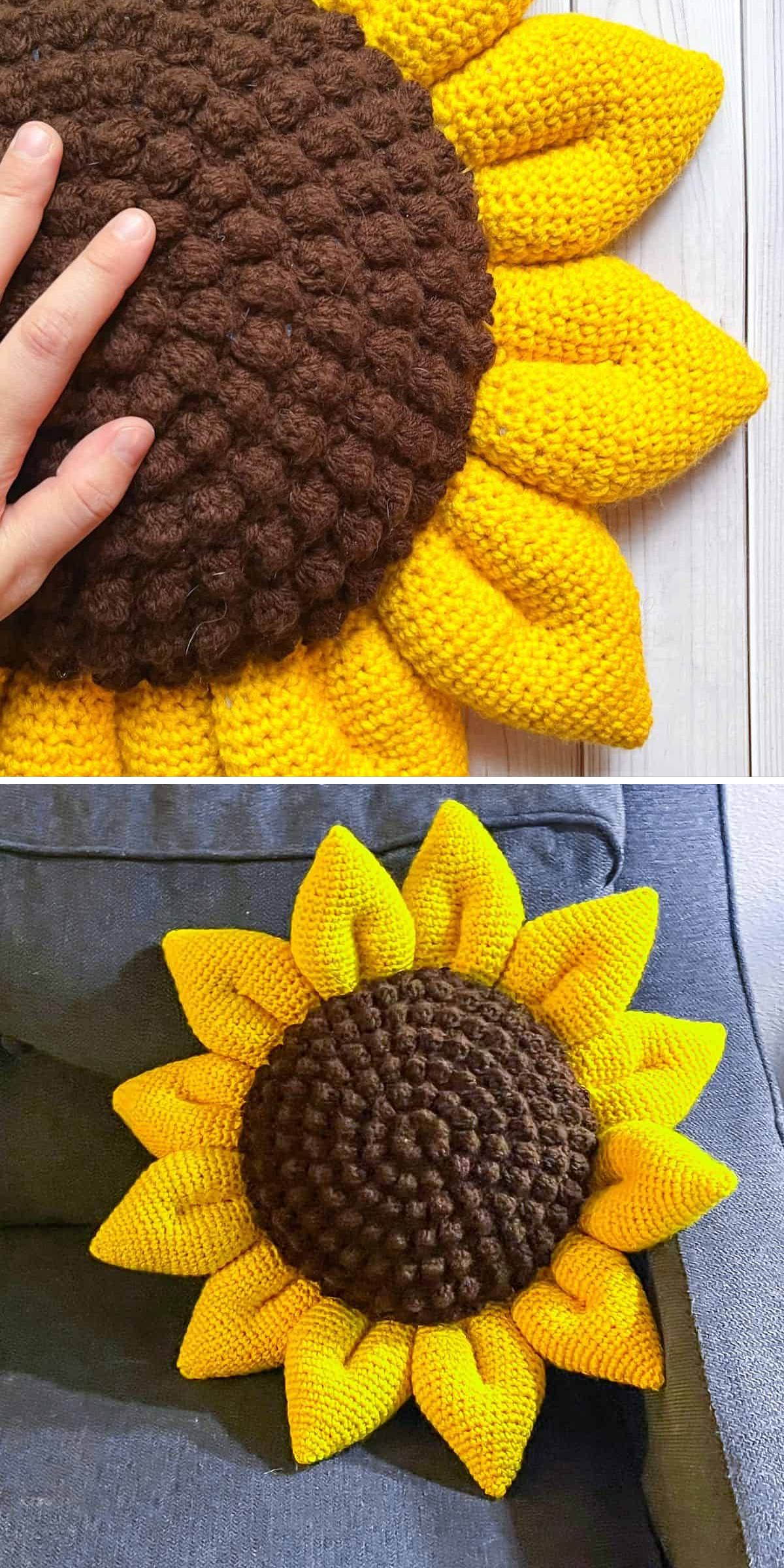 A hand touches a crocheted sunflower pillow with a brown center and yellow petals; the pillow is also shown placed on a couch.