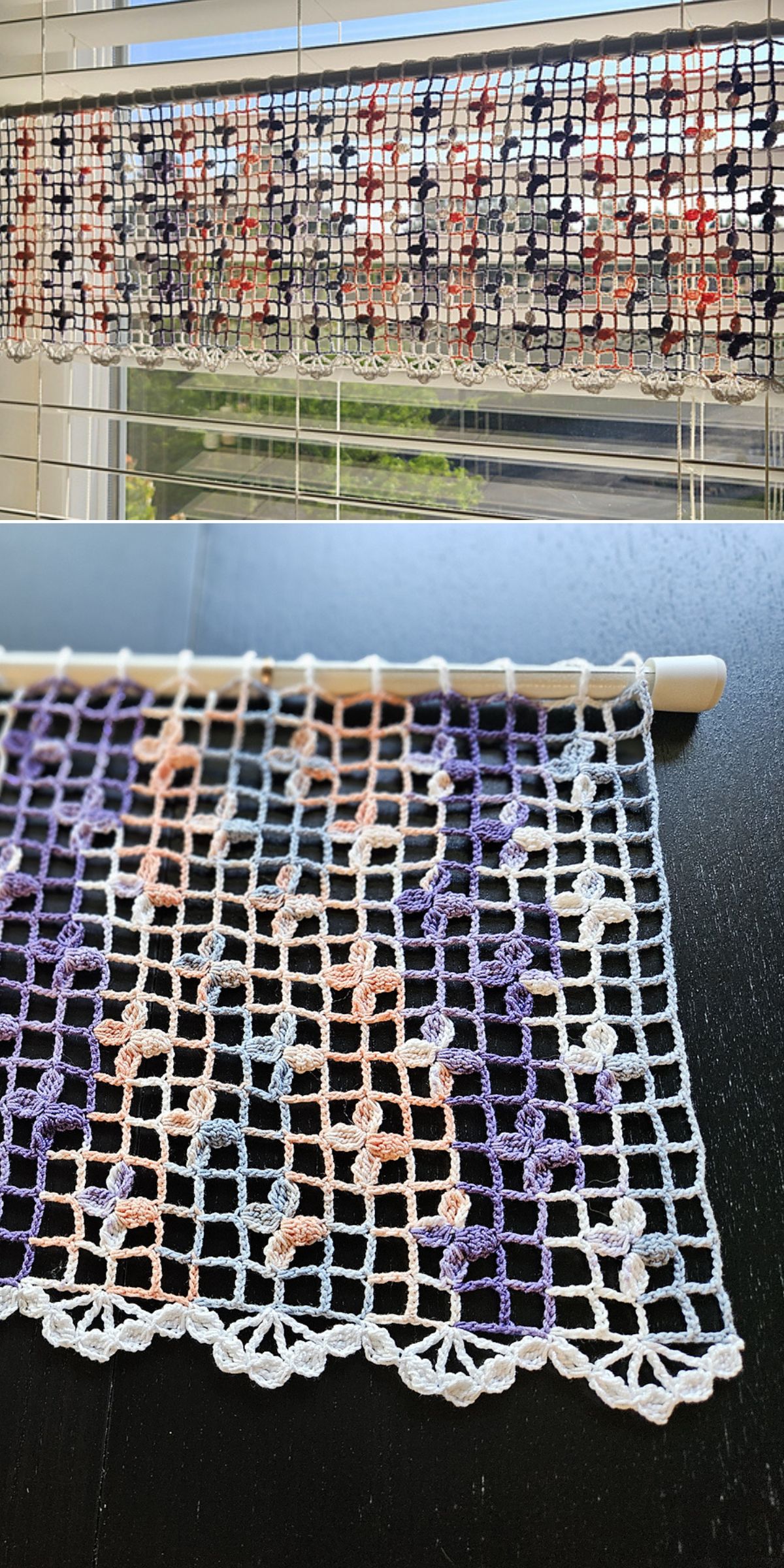 A rectangular crocheted lace piece in a grid pattern with multicolored yarn, displayed as crochet home decor by hanging on a rod in front of a window.