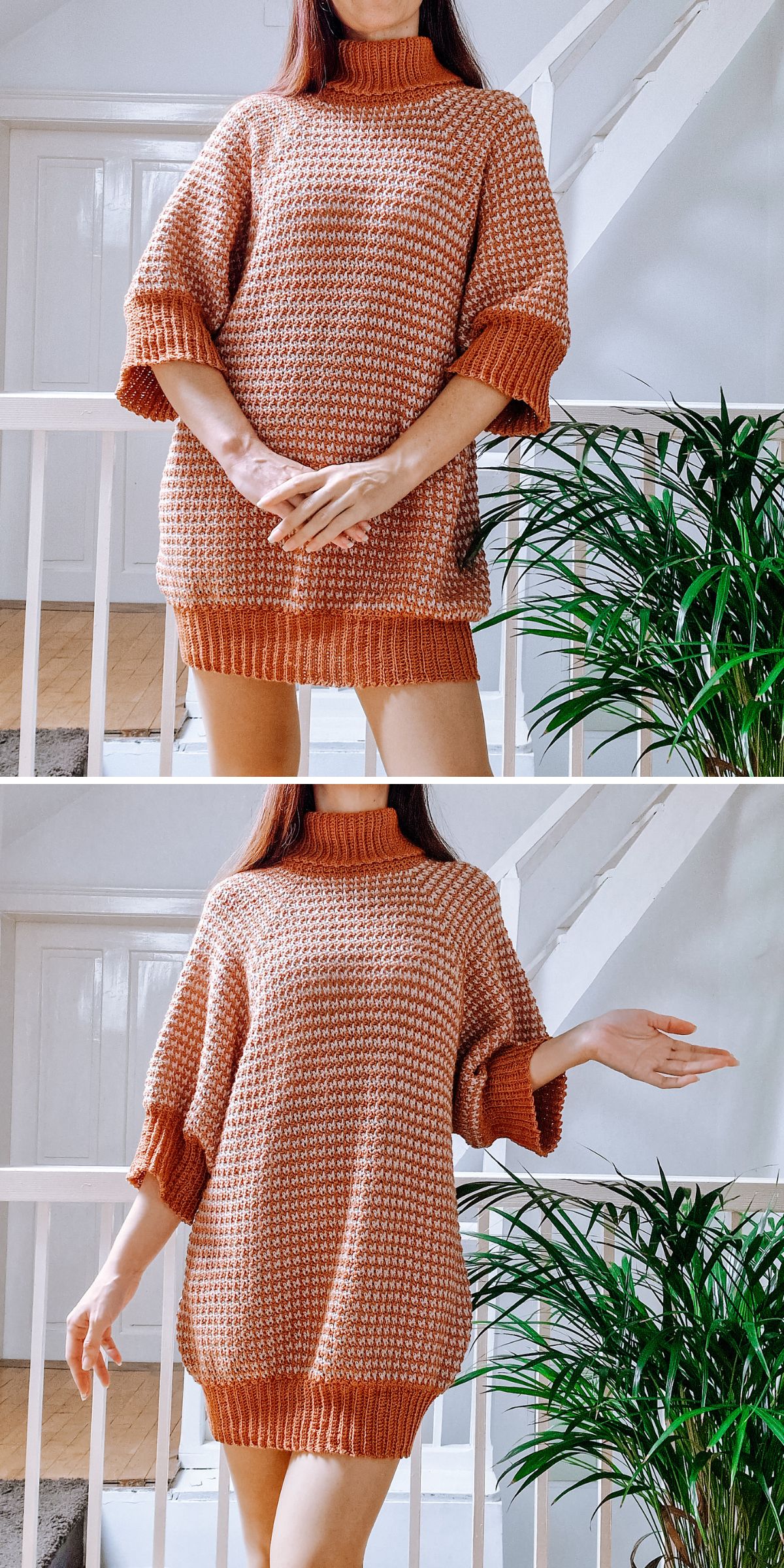 a woman in an oversized crochet sweater dress in color of pumpkin latte
