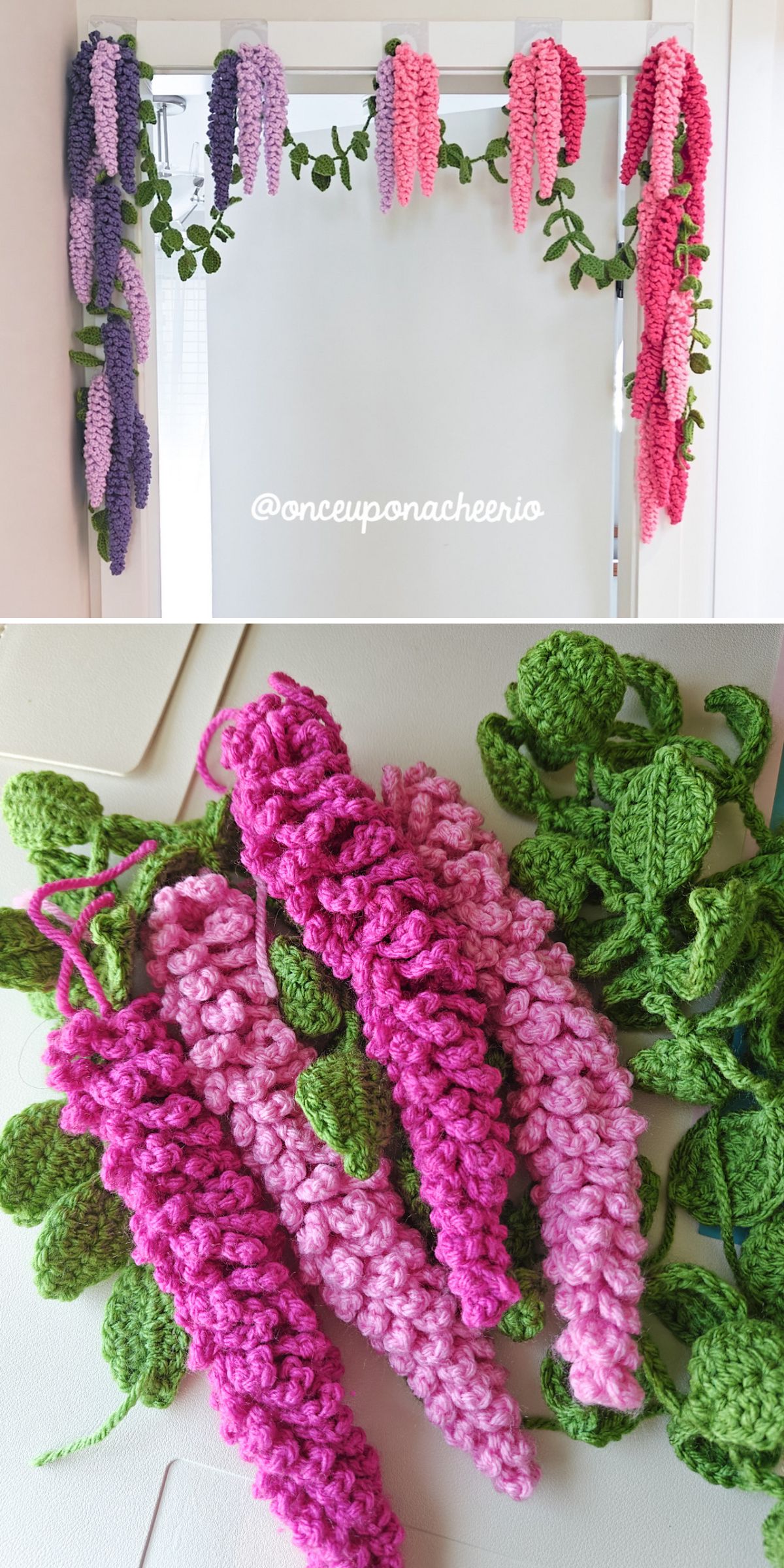 amazing crochet wisteria garland over the white door and closer look of crochet flowers