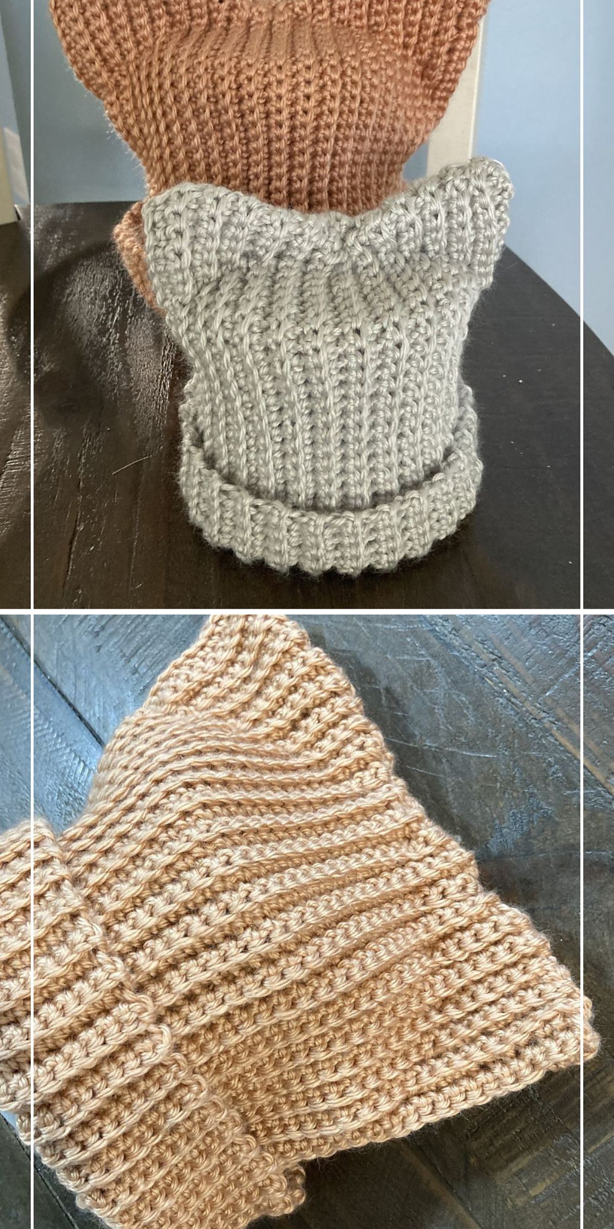 Two crochet cat hats, one beige and one gray, displayed on a table. The top image shows both hats upright, while the bottom highlights a close-up of the beige hat folded, perfect for pairing with your favorite crochet cat hat pattern.