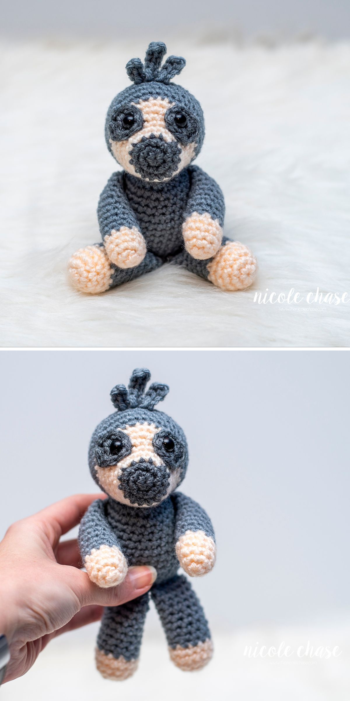 Two photos of a hand-crocheted stuffed animal resembling a gray sloth, shown sitting on a white surface and being held upright.