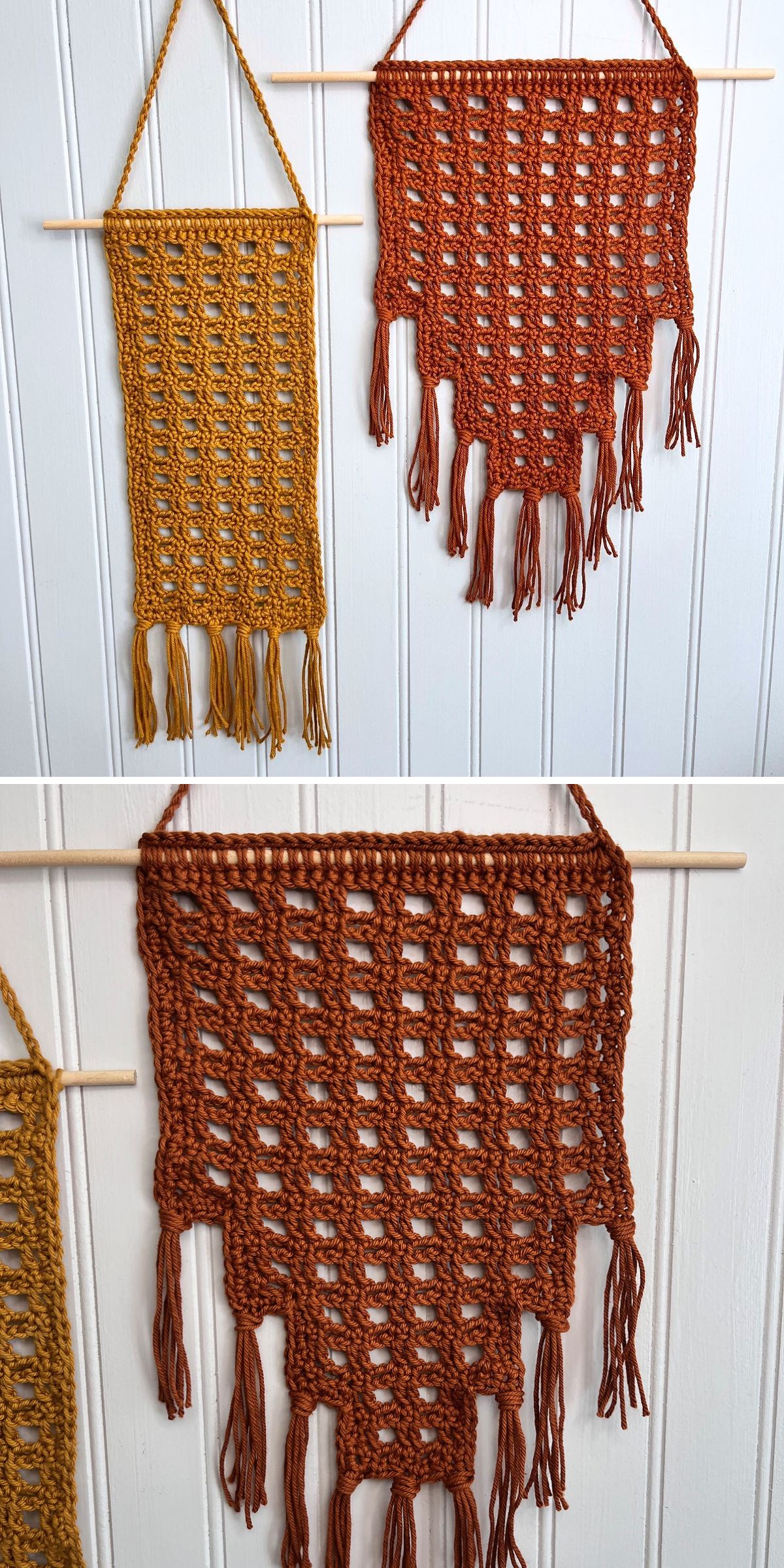 Two crocheted wall hangings with tassels, one mustard yellow and one rust orange, displayed on wooden dowels against a white paneled wall—perfect crochet home decor to brighten any space.
