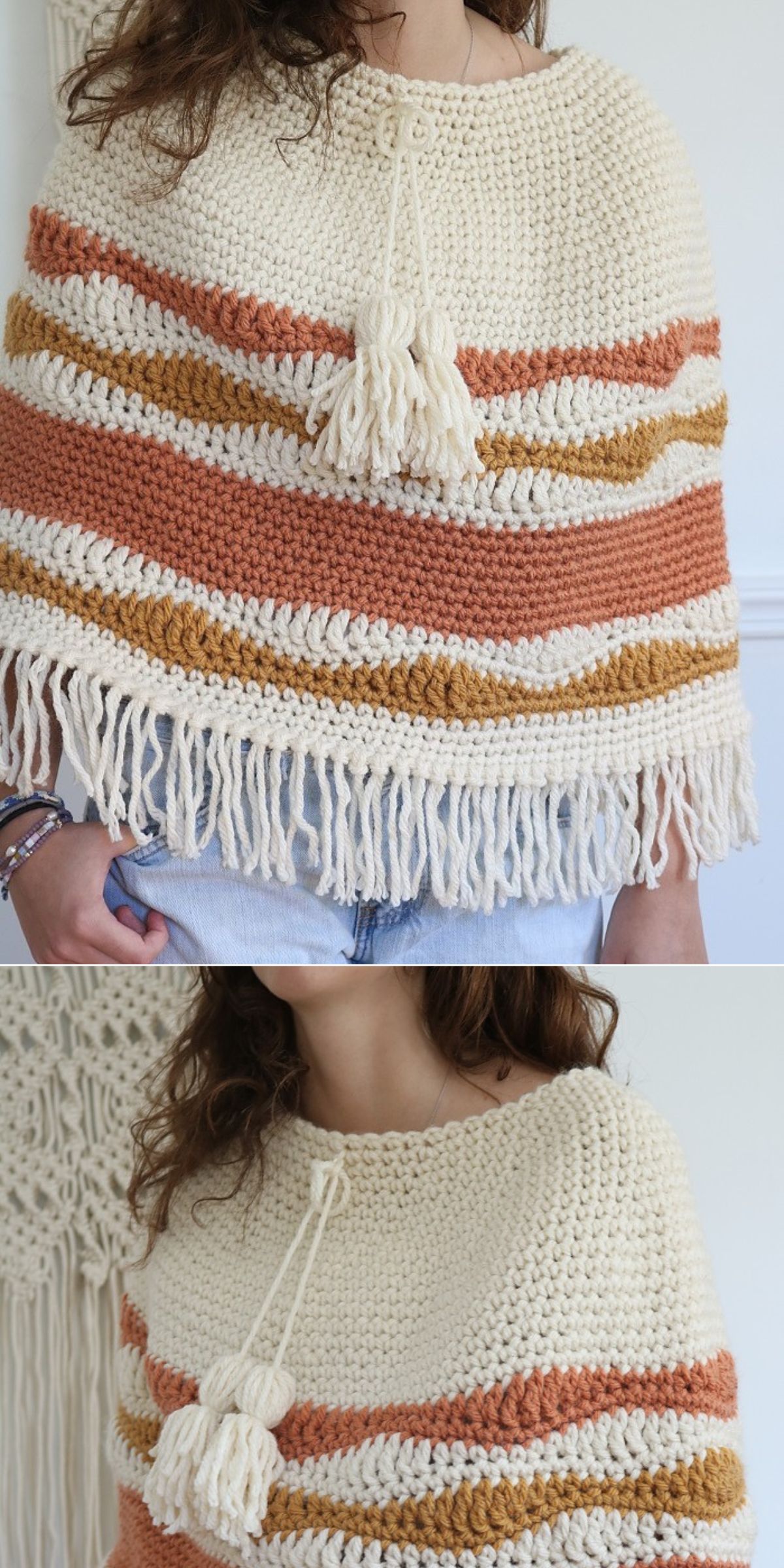 A person wearing a crocheted poncho with cream, rust, and mustard stripes, fringe along the bottom, and a drawstring with tassels at the neckline—perfect for those seeking crochet ponchos for cold weather.