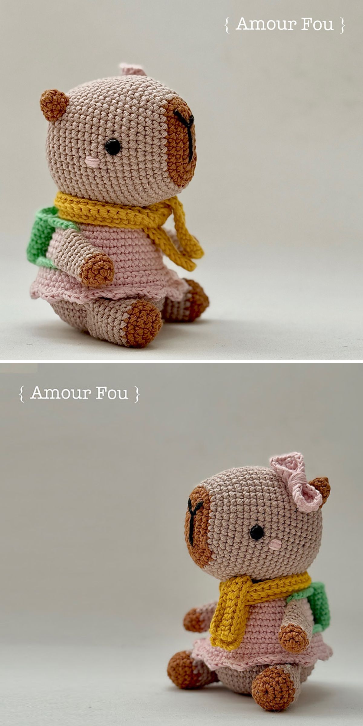 Crocheted capibara  doll with a pink dress, yellow scarf, green backpack, and pink bow is shown from two angles against a plain background