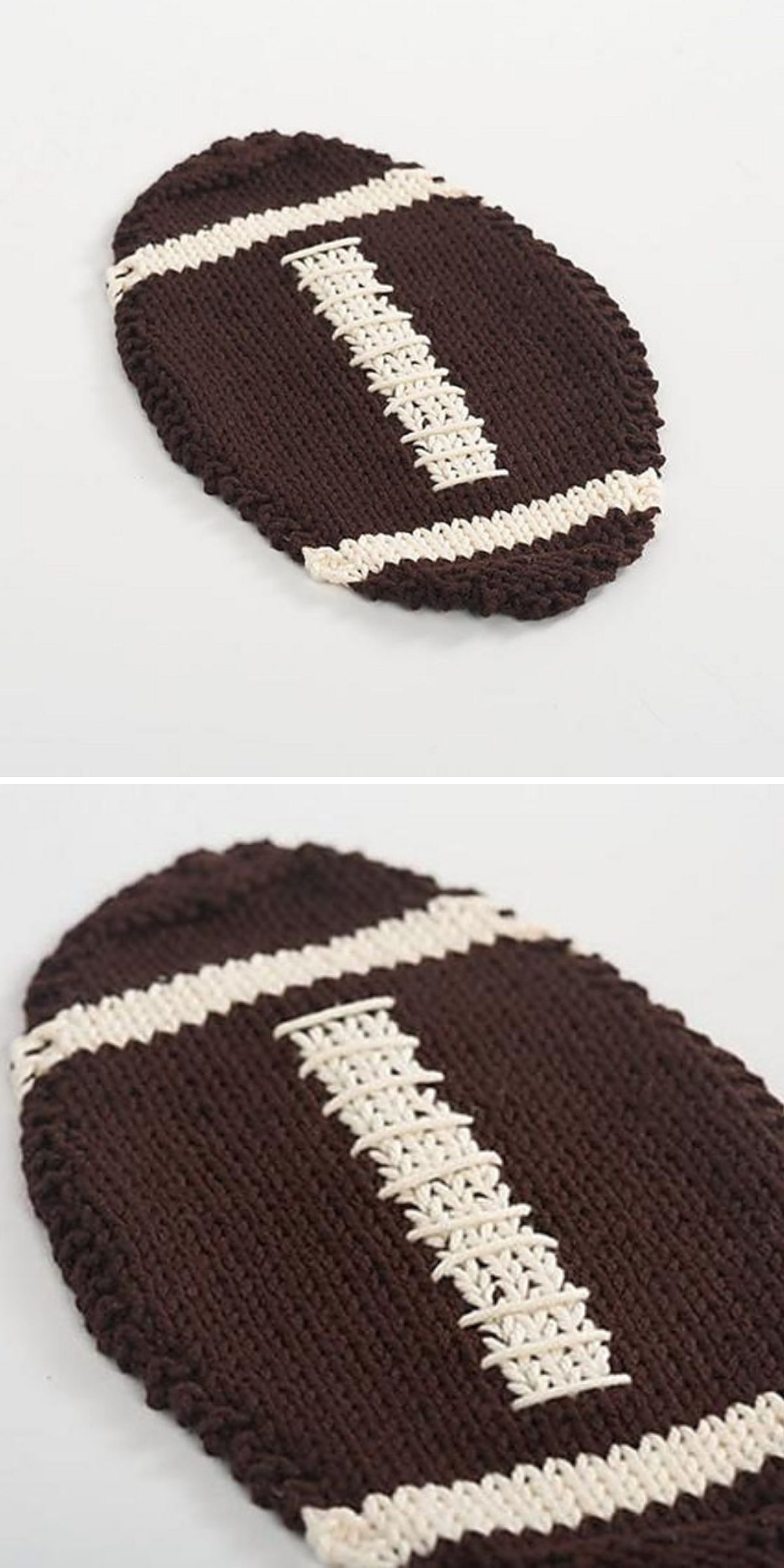 A crocheted oval item in brown with white stitching details, resembling an American football, is shown on a plain background — perfect as a whimsical knitted dishcloth for sports fans.