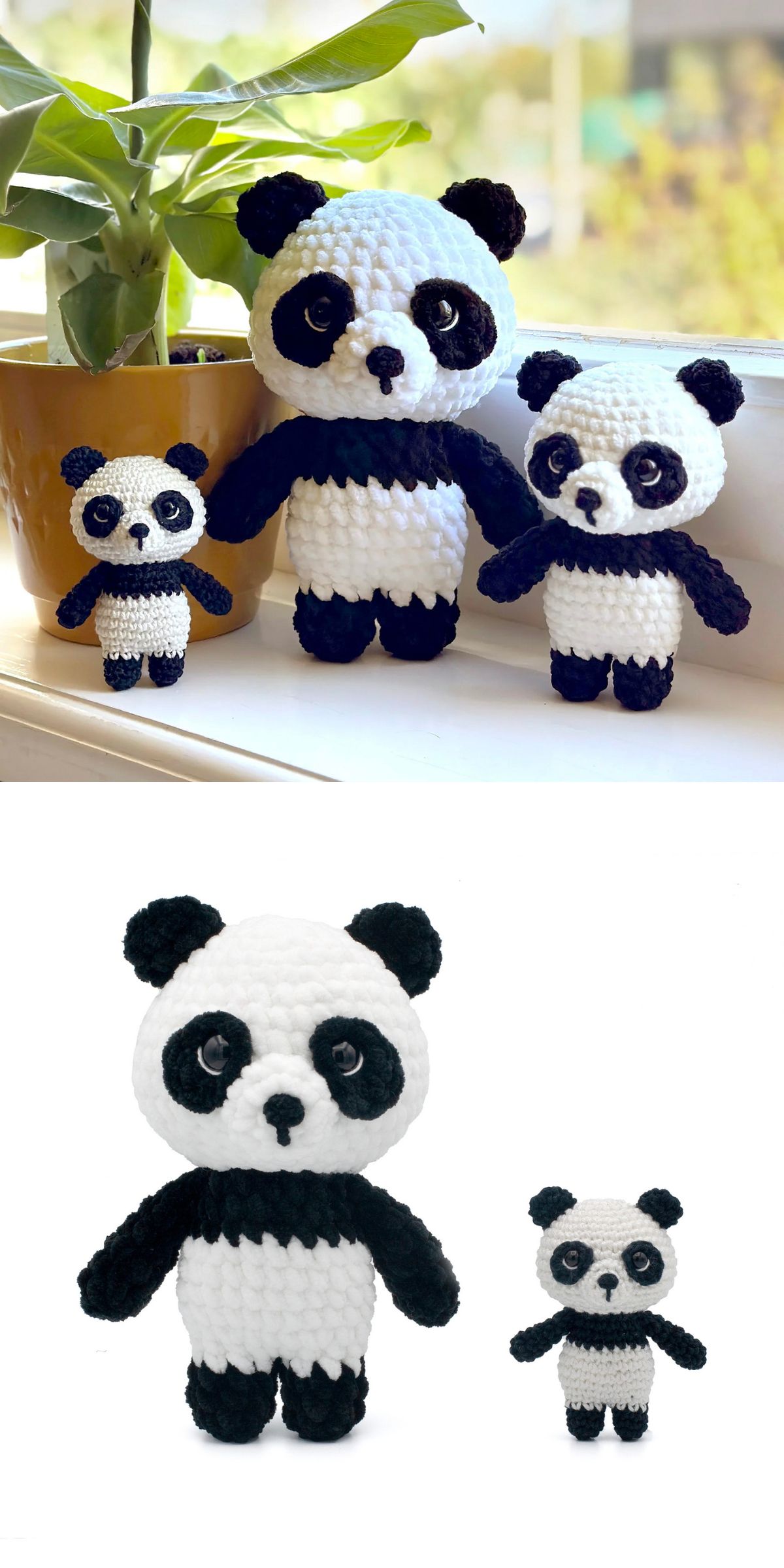 Three crochet panda dolls of varying sizes are displayed on a windowsill by a potted plant; two crochet pandas are shown again against a white background in the second image.