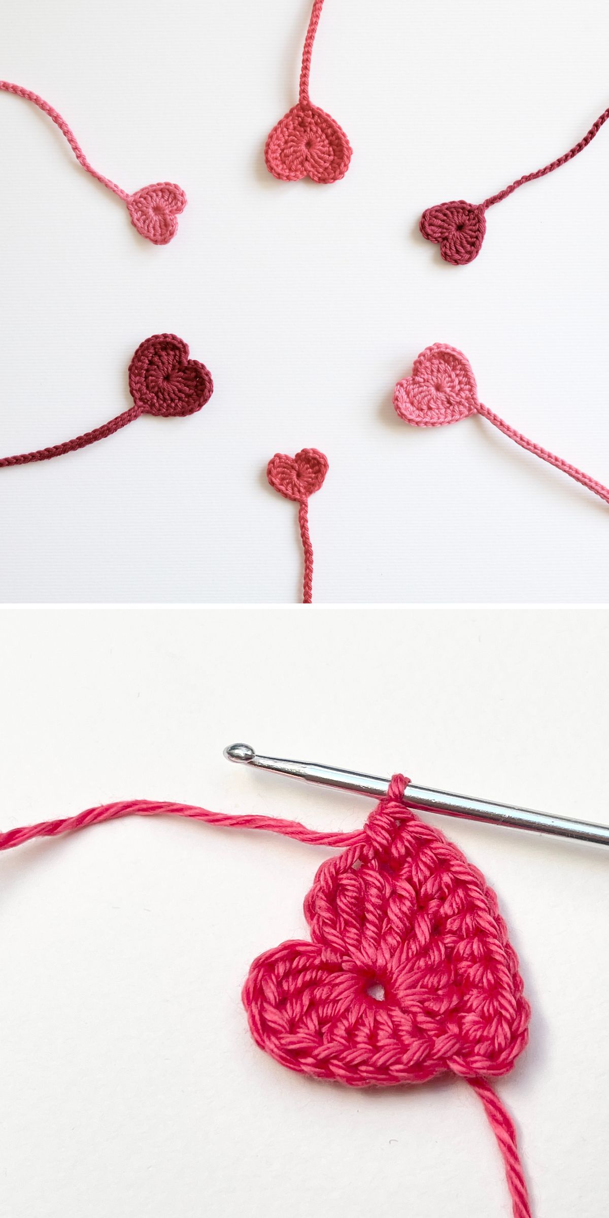Five crocheted heart shapes with tails are arranged in a circle; below, a close-up shows a pink crochet bookmark heart in progress with a crochet hook.