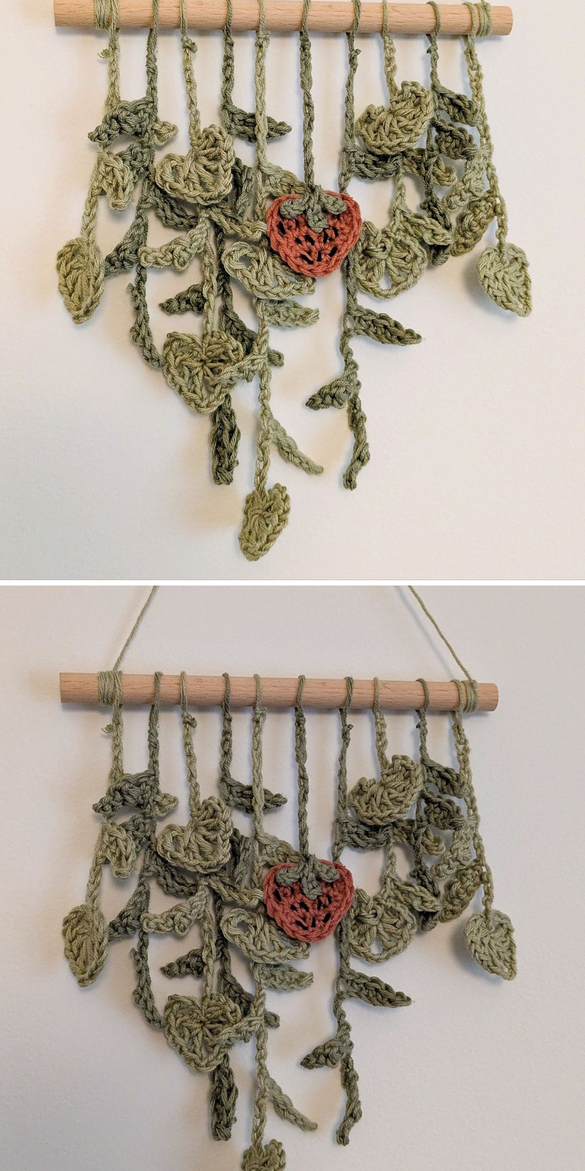 a beautiful wall hanging with crochet greenery