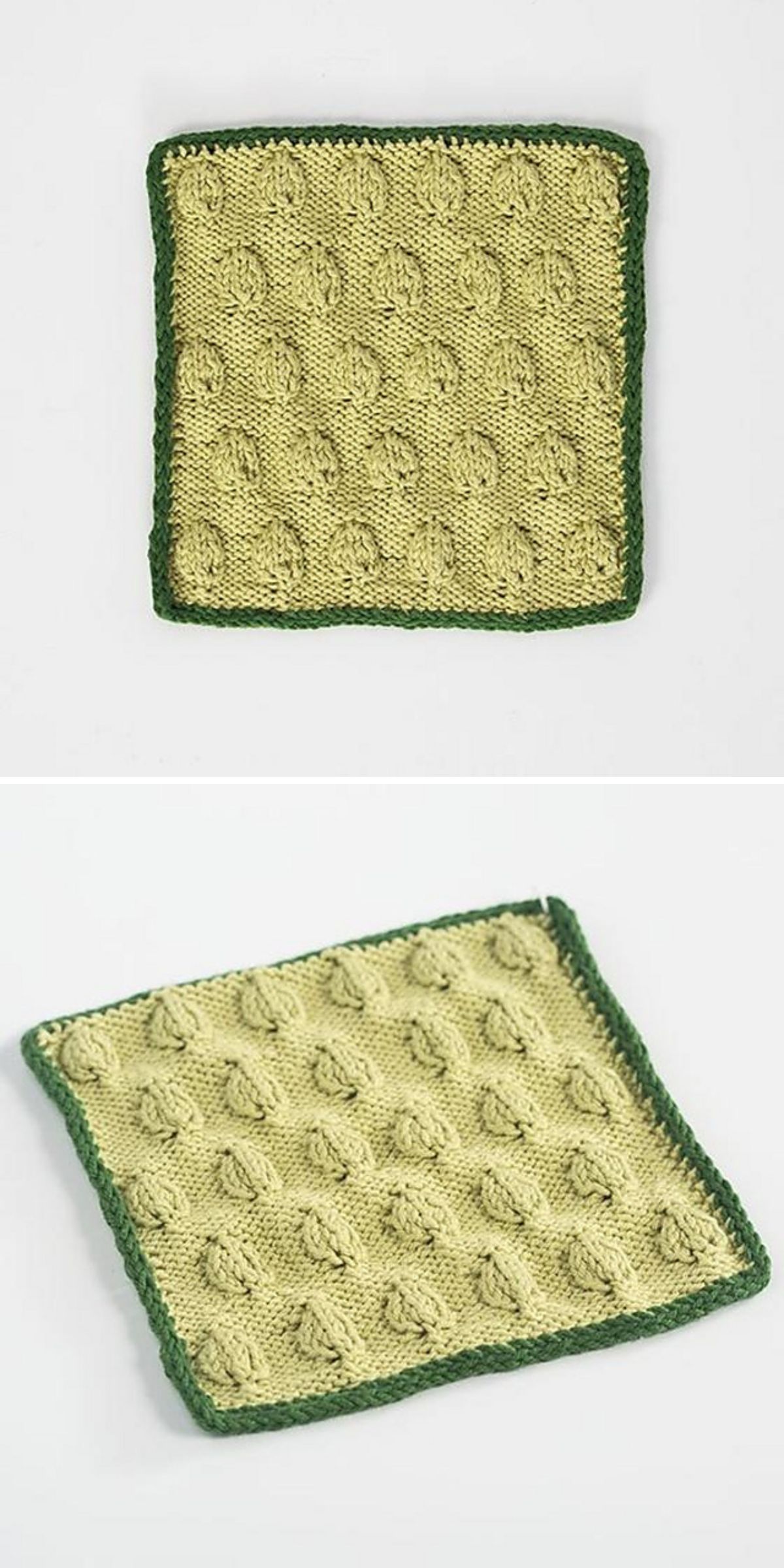 A square, yellow knitted dishcloth with a raised leaf pattern and a green border, shown from above and at an angle.