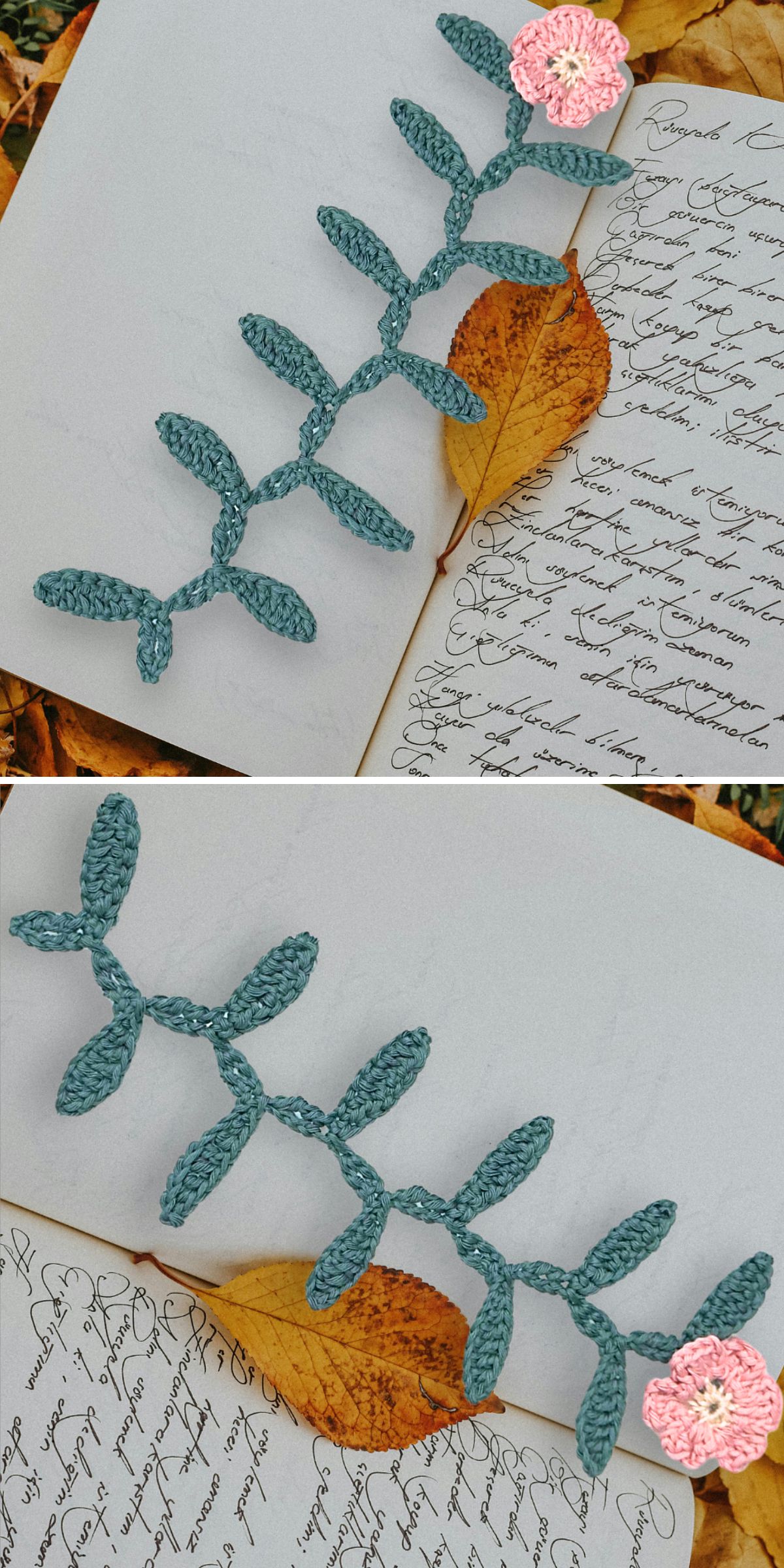 Two images show a crochet bookmark featuring a green leaf and a pink flower, placed on an open book with handwritten text and a yellow autumn leaf.