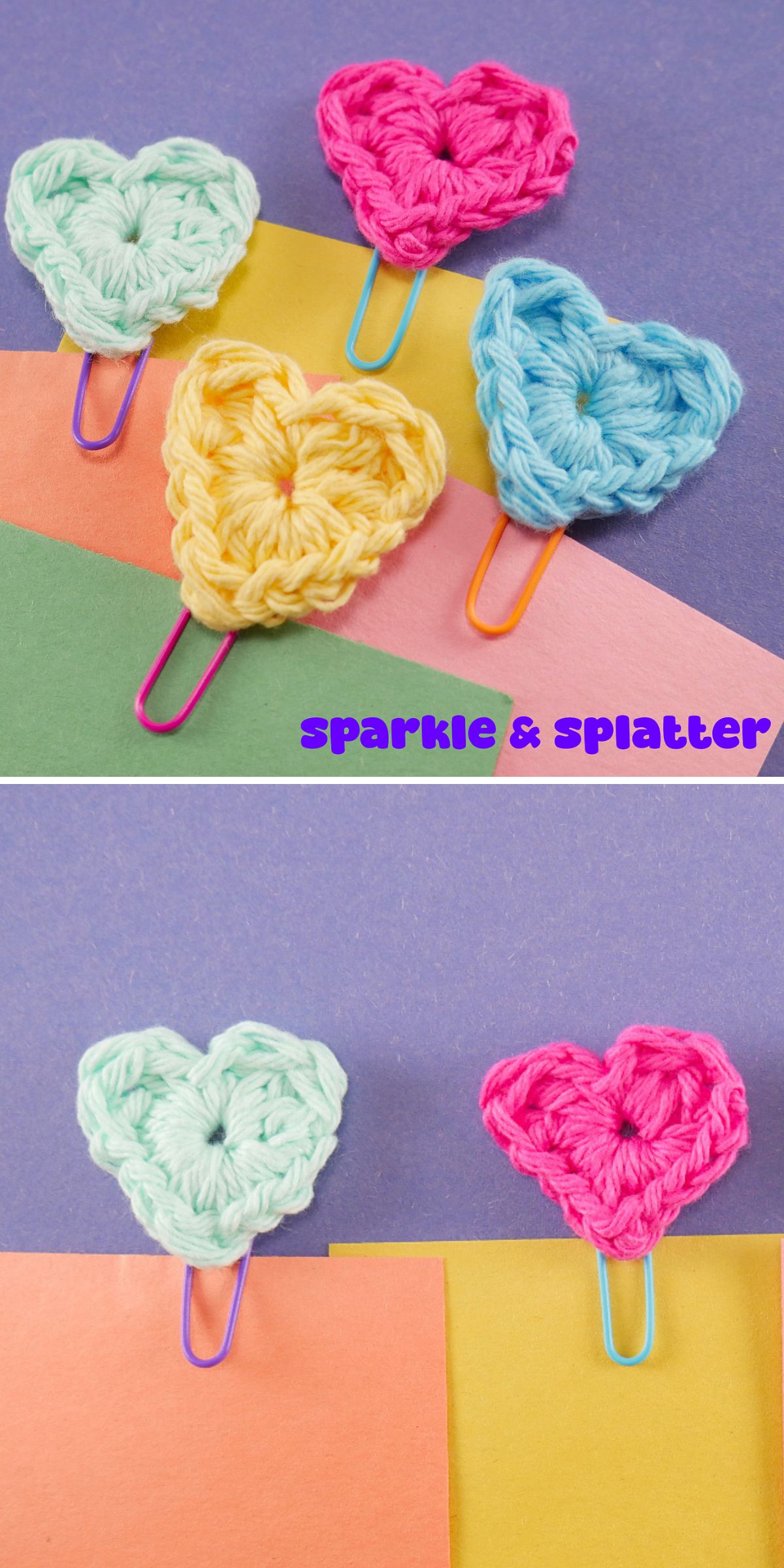 Colorful crochet heart shapes are attached to paper clips, creating charming crochet bookmarks, and arranged on pastel colored papers with a purple background.