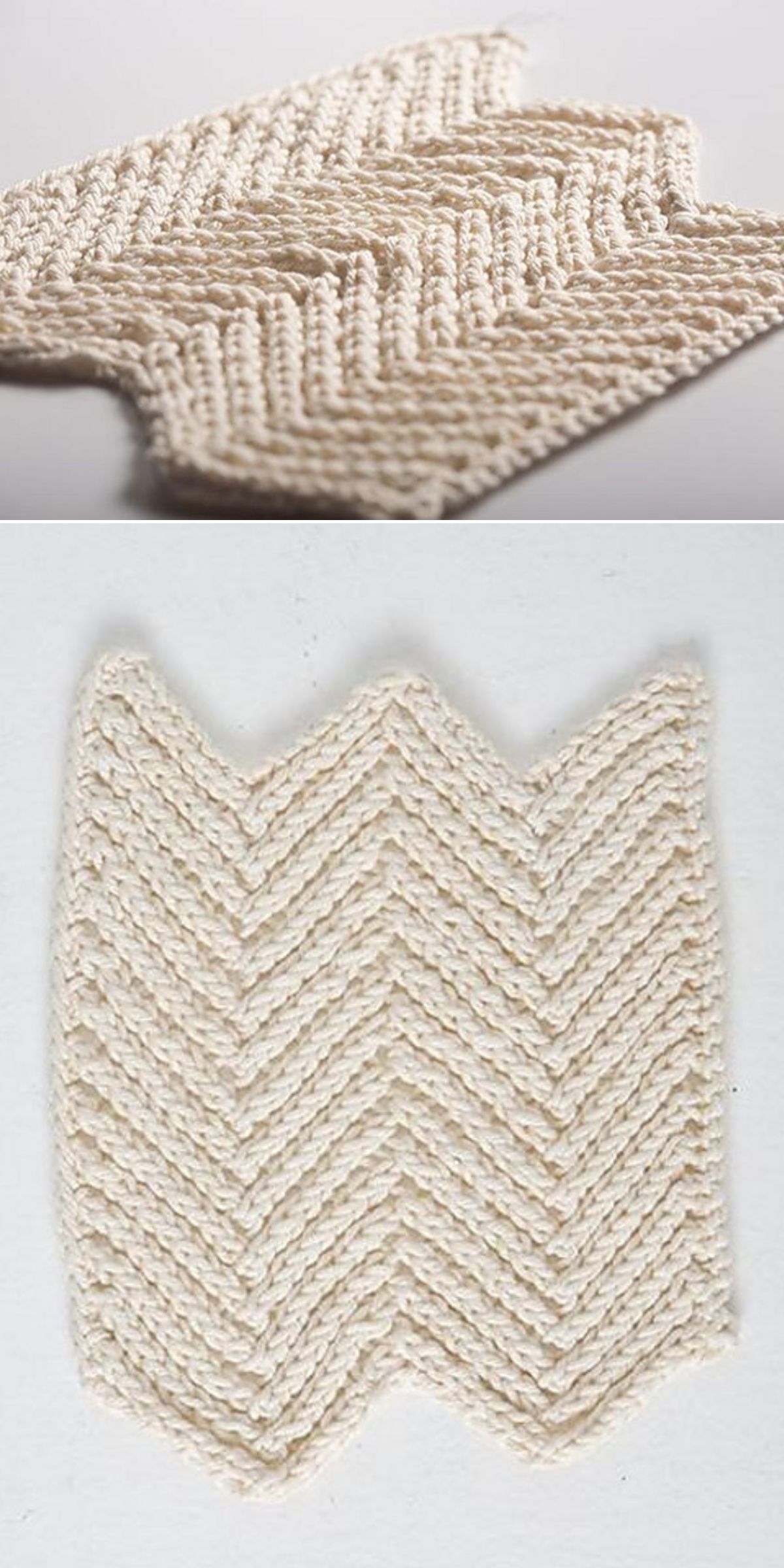 Two images show a rectangular, cream-colored knitted dishcloth swatch with a zigzag edge and a chevron stitch pattern.