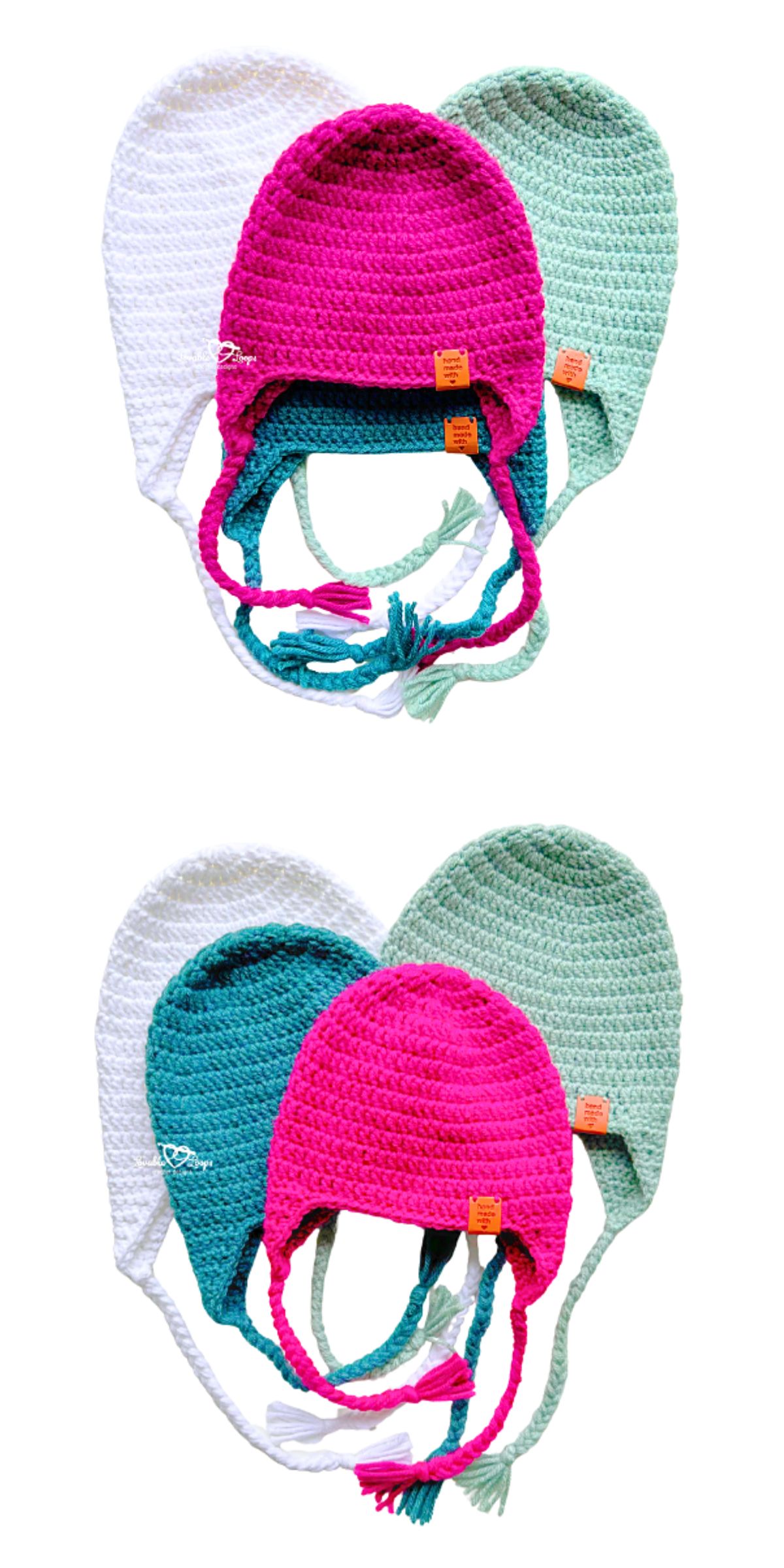 four colorful crochet earflap hats for kids