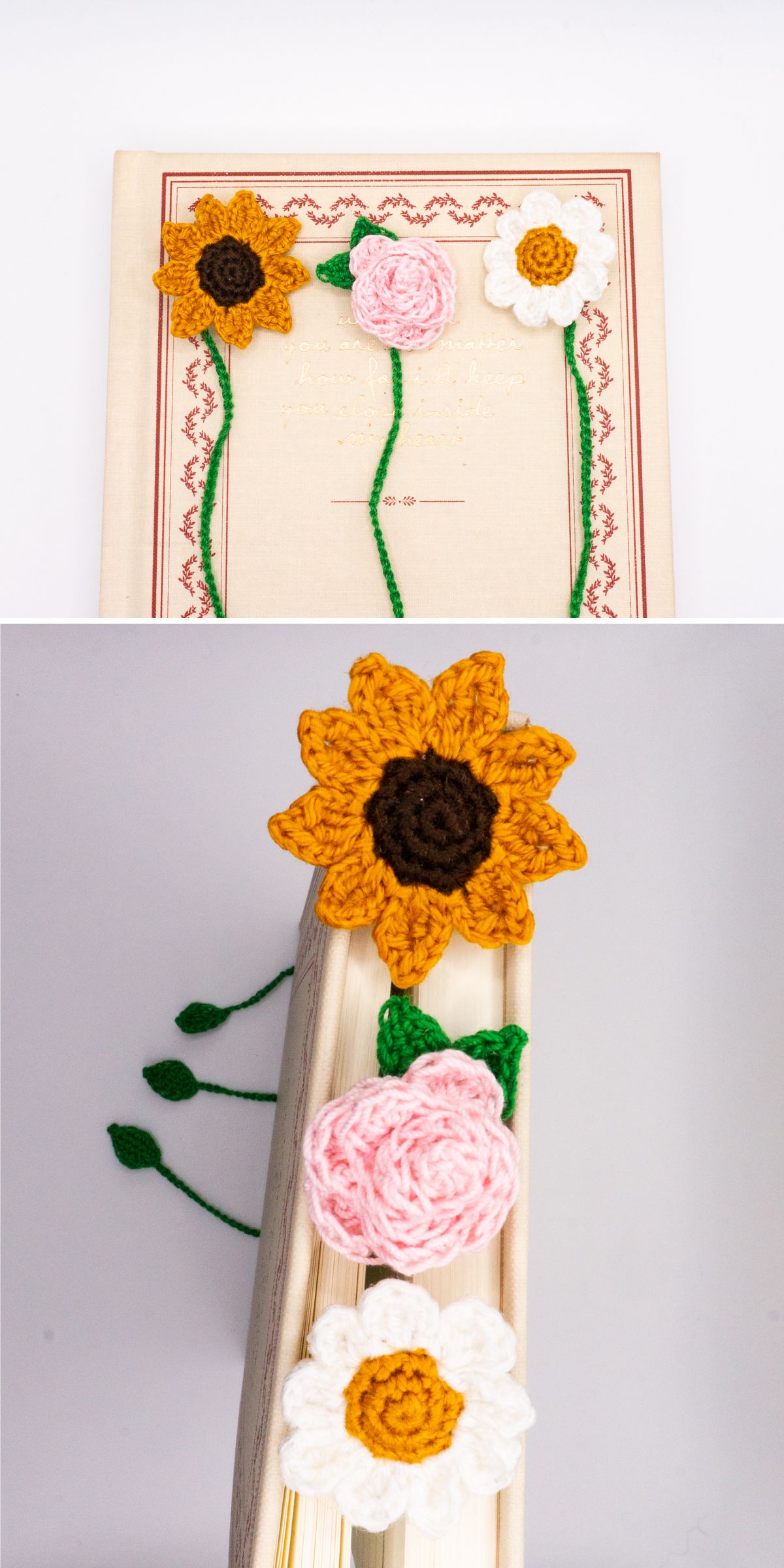 Three crochet bookmarks — a sunflower, pink rose, and white daisy — are placed on and inside a book, with green yarn stems and leaves extending from the pages.
