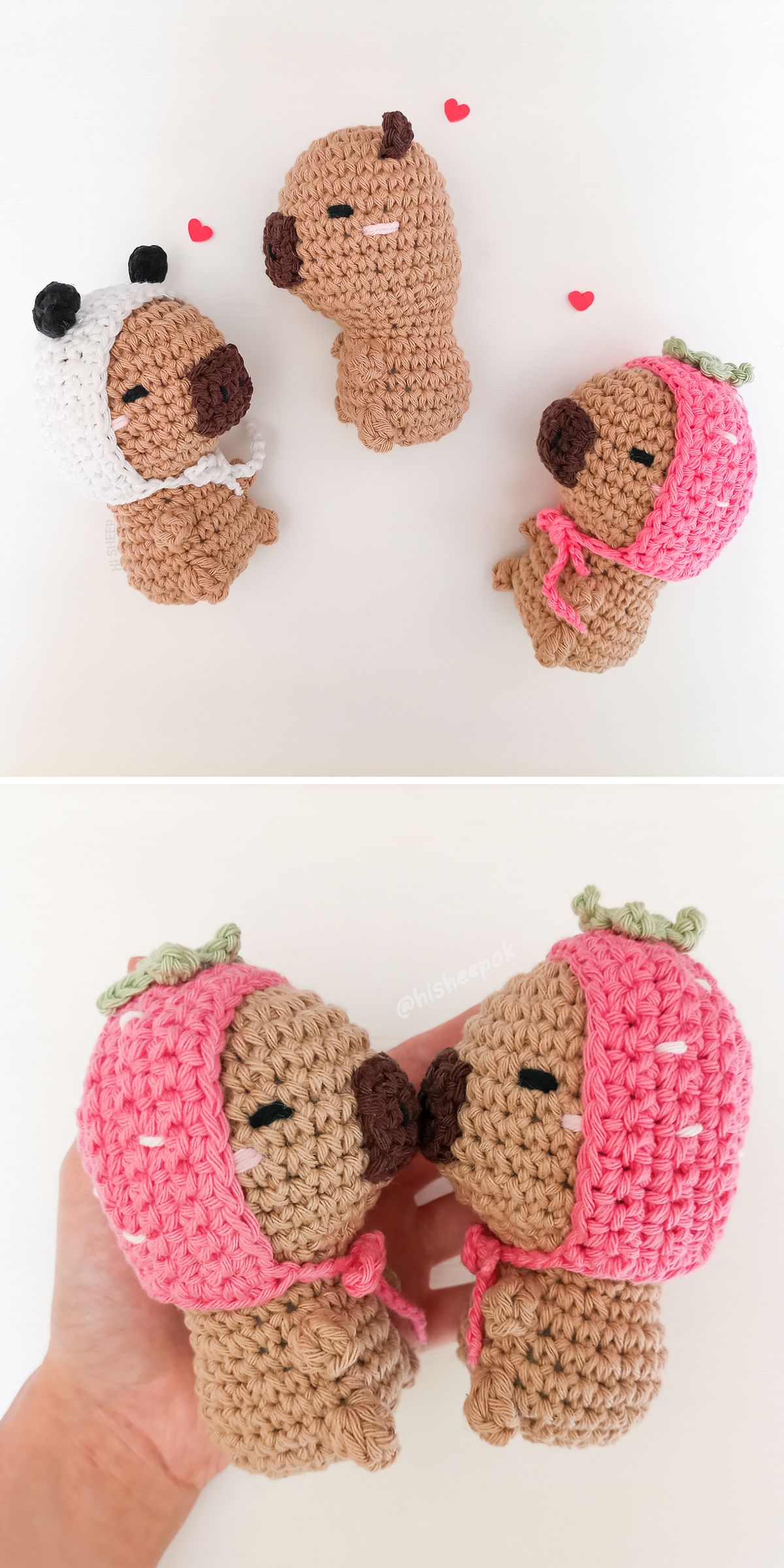 Three crochet capybara plush toys, two wearing pink strawberry hats and one in a white panda hat; bottom image shows two capybaras with strawberry hats touching noses.