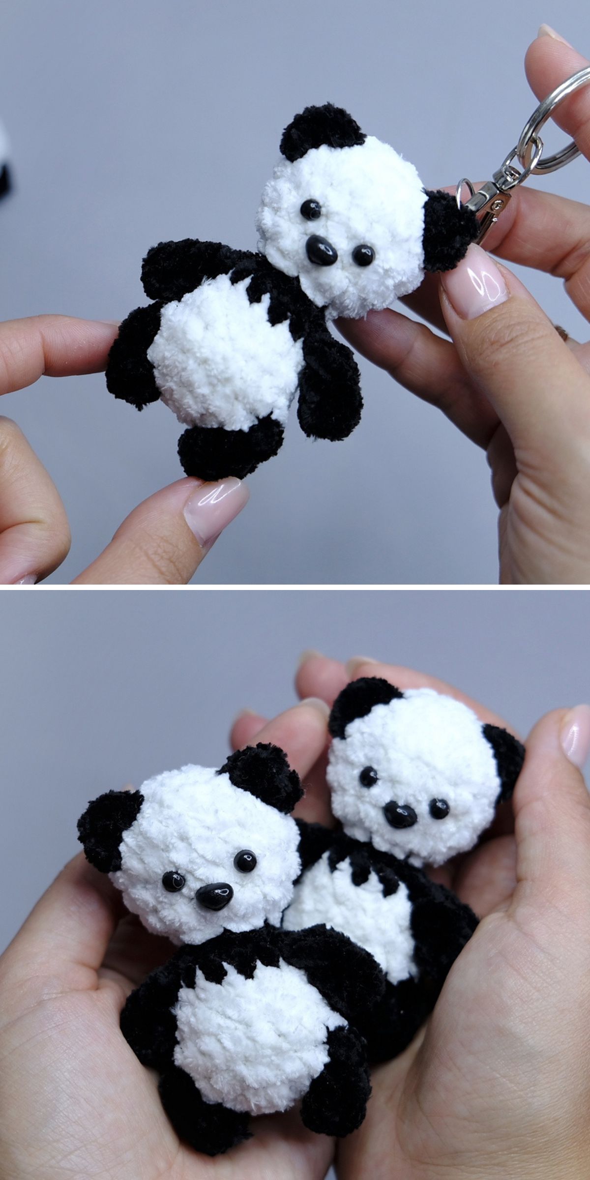 Two photos show hands holding small crochet panda keychains made of black and white yarn, with black bead eyes and small ears.