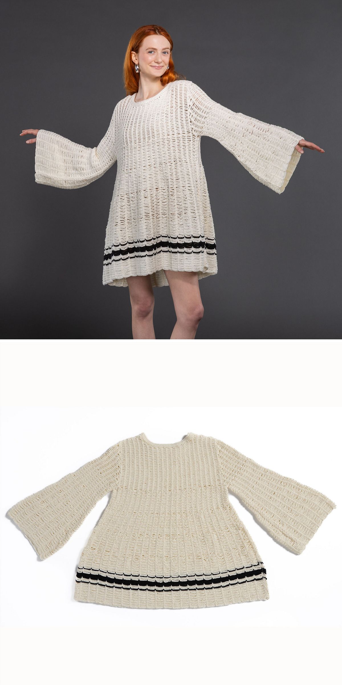 beige trapeze crochet dress on a woman and flat