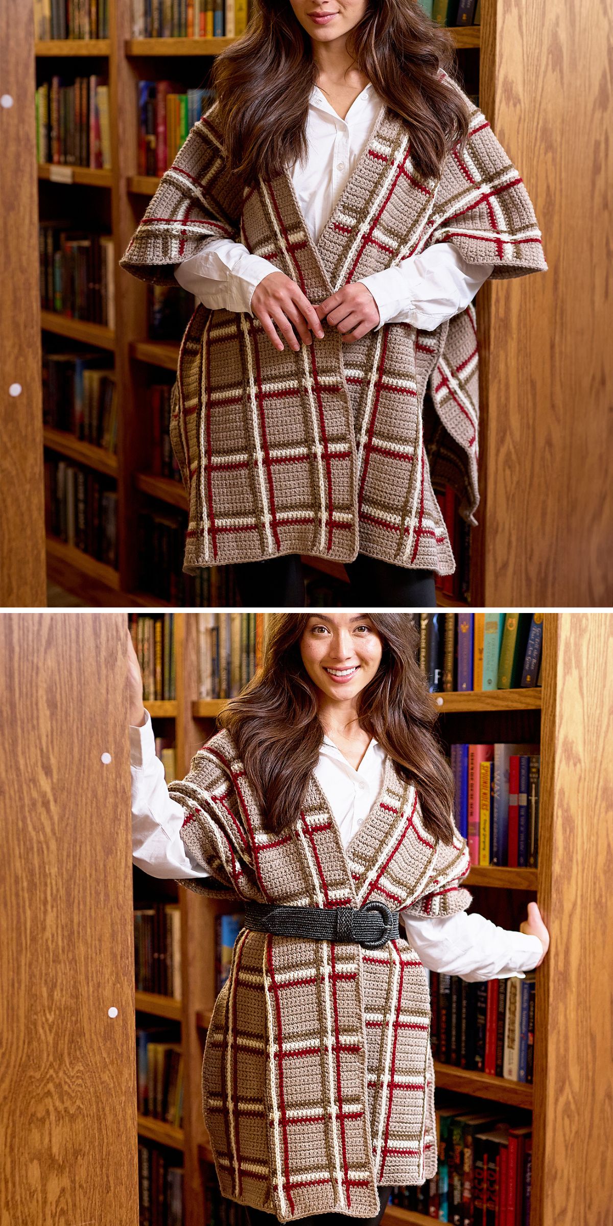 A woman stands in front of bookshelves wearing a plaid shawl; in the first image it’s loose, and in the second image it’s belted at the waist—perfect inspiration for styling crochet ponchos for cold weather.