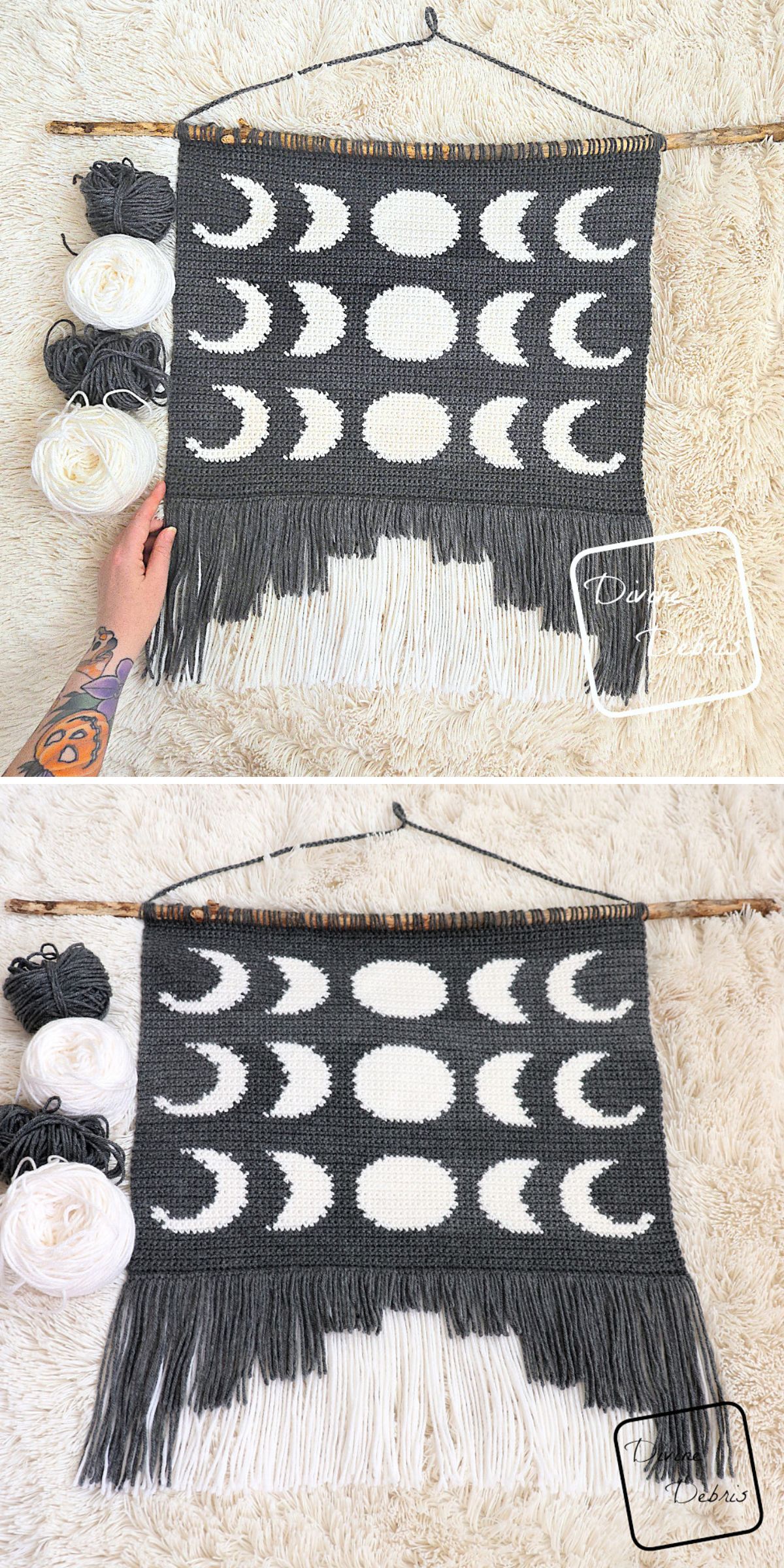 a mosaic crochet wall hanging with moon phases design