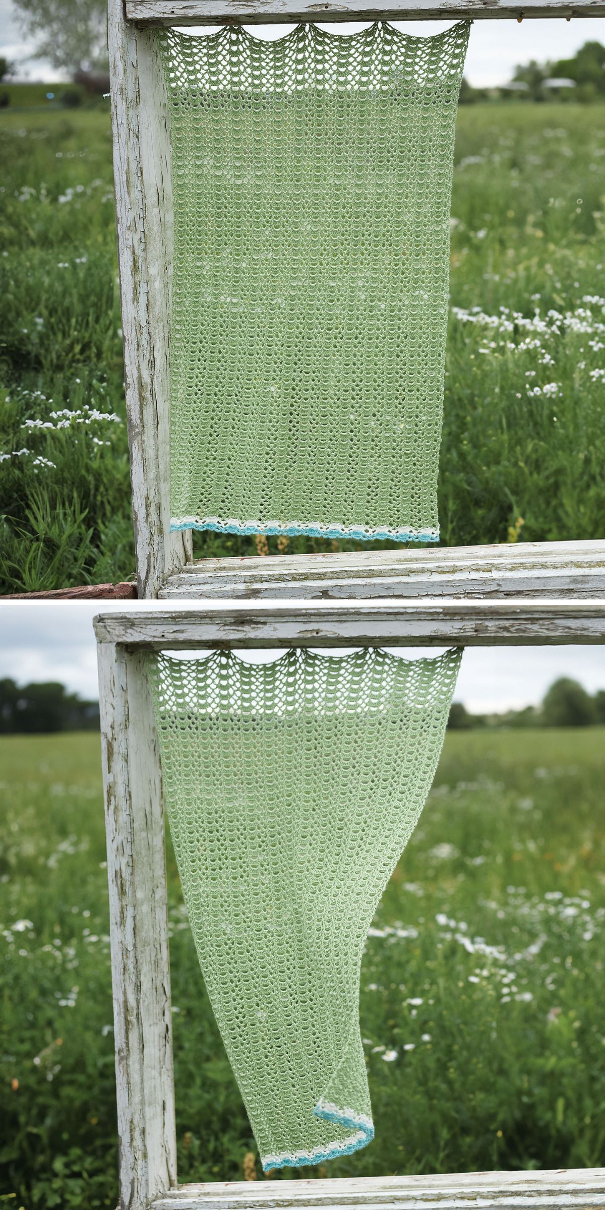 a charming green lace crochet curtain in the window in front of a green field