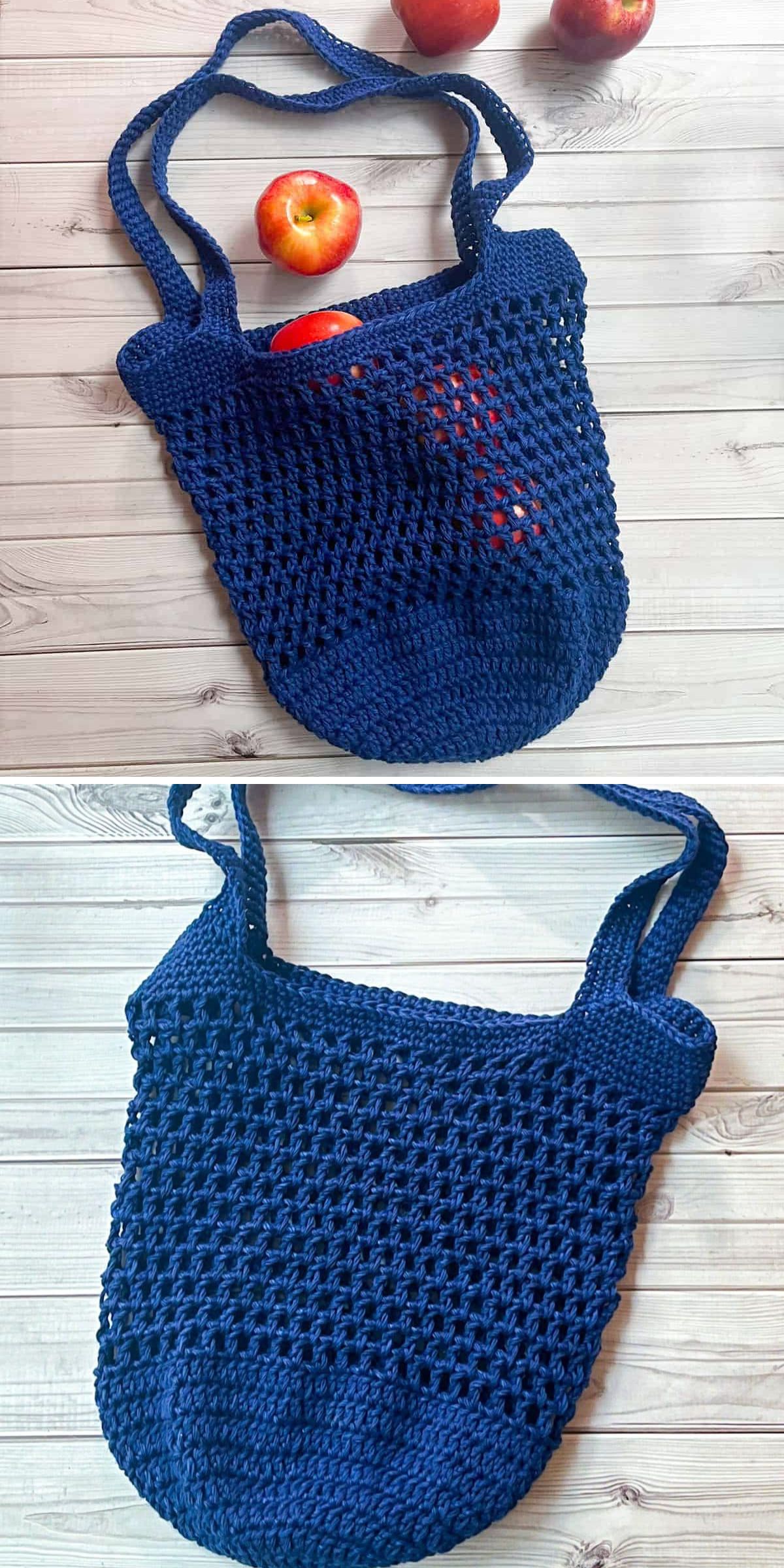 a deep blue crochet market bag with red apples in it and nearby