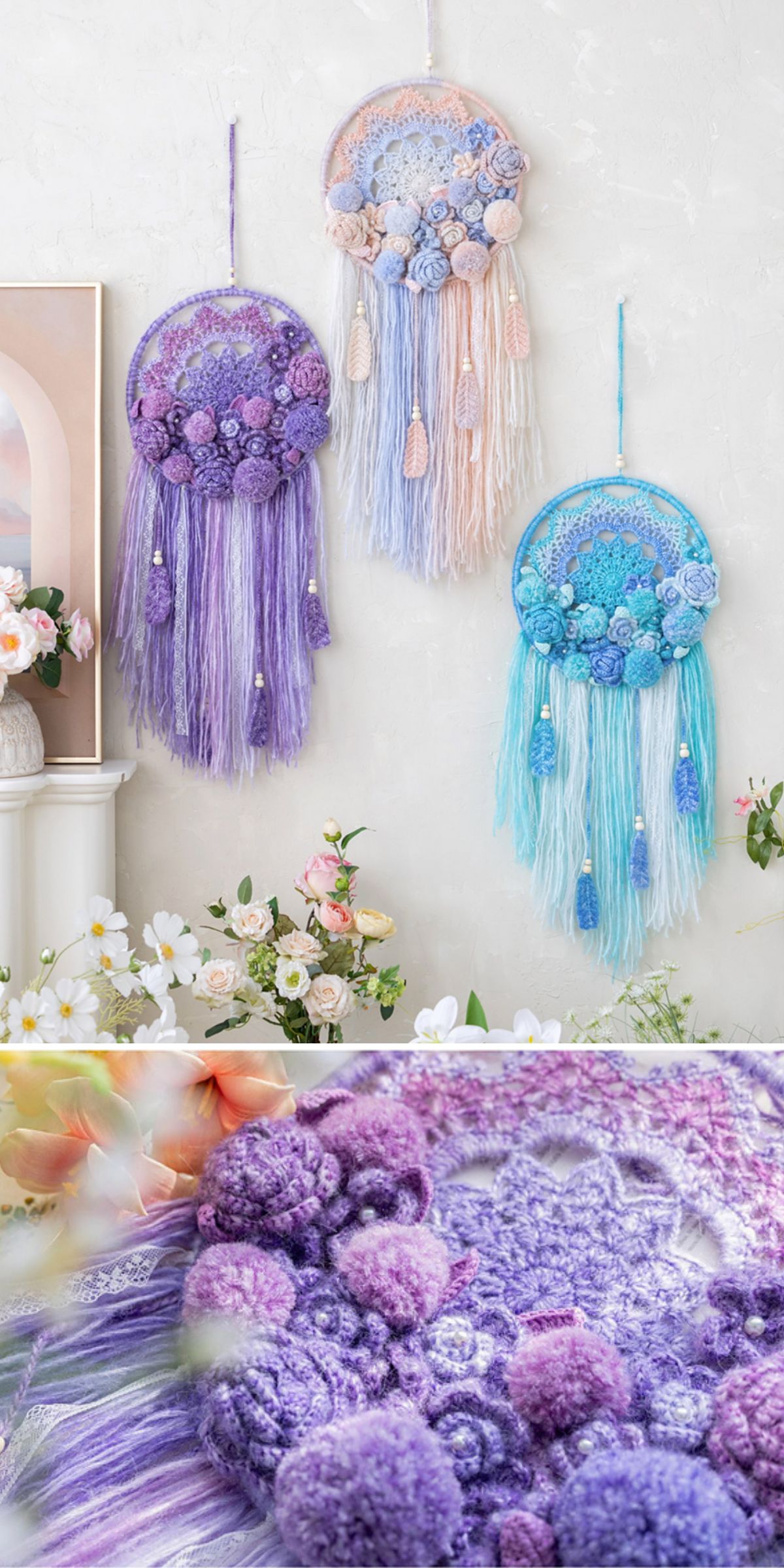 Three handmade dreamcatchers with pastel yarn, flowers, and pom-poms hang on a wall above a floral arrangement. A close-up highlights the detailed crochet home decor and yarn textures in soothing purple tones.
