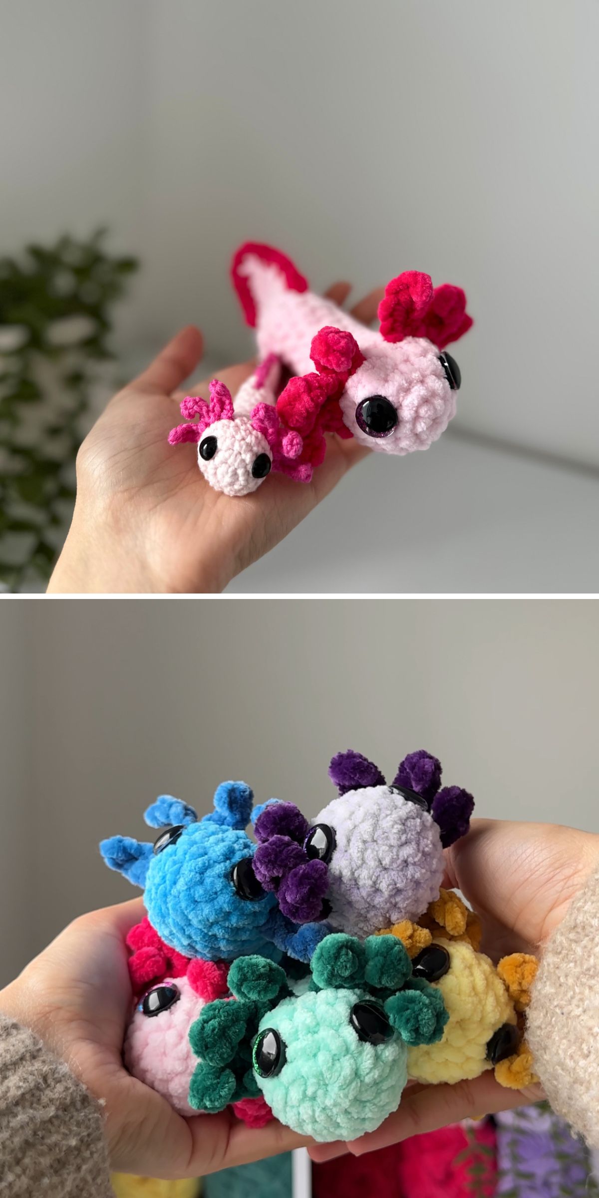 Two photos show hands holding small, crochet axolotl plush toys in various colors, including pink, blue, purple, green, yellow, and red.