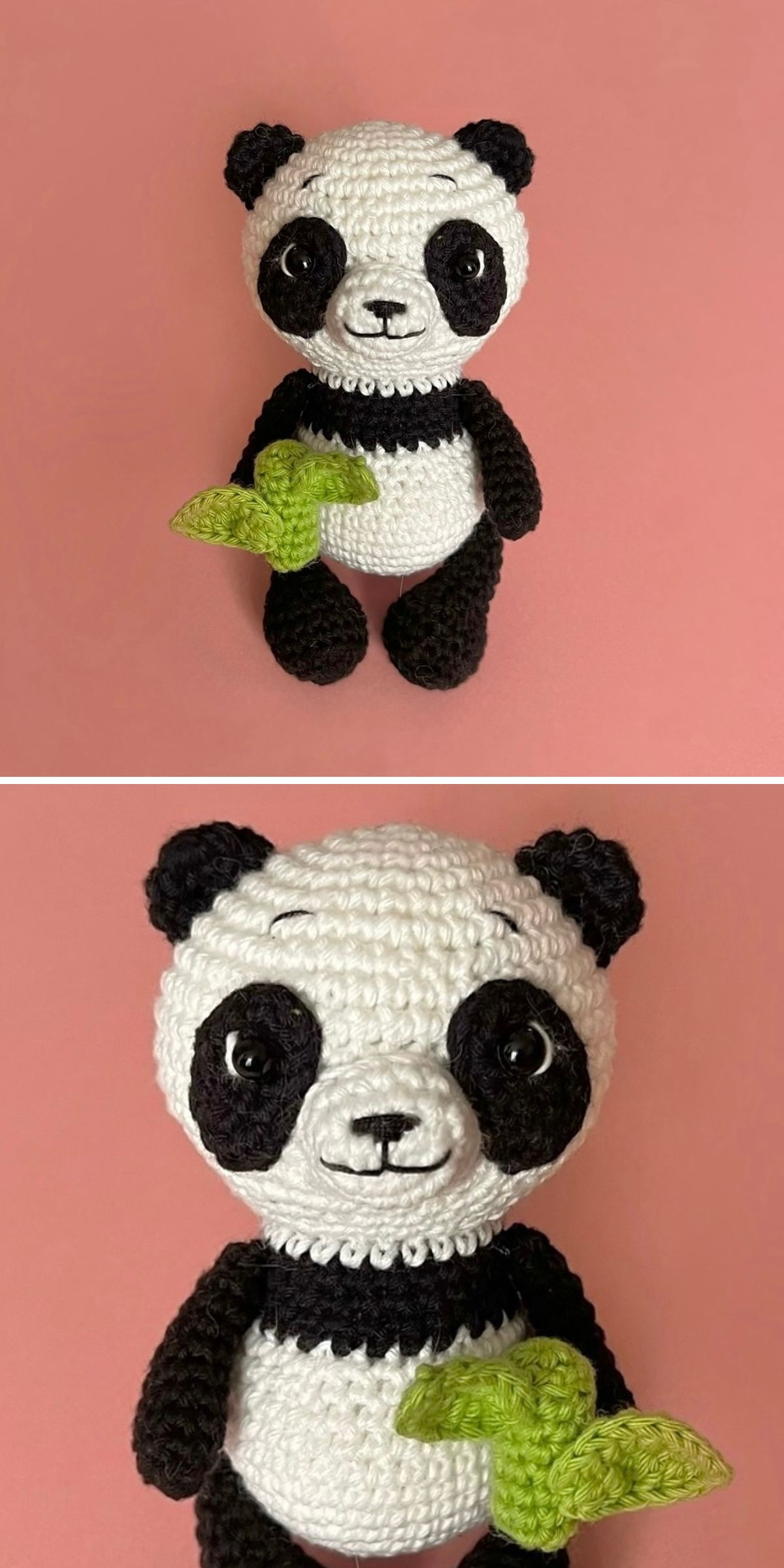 A crochet panda toy with black and white yarn holds a small green leaf against a plain pink background, shown in both full-body and close-up views.