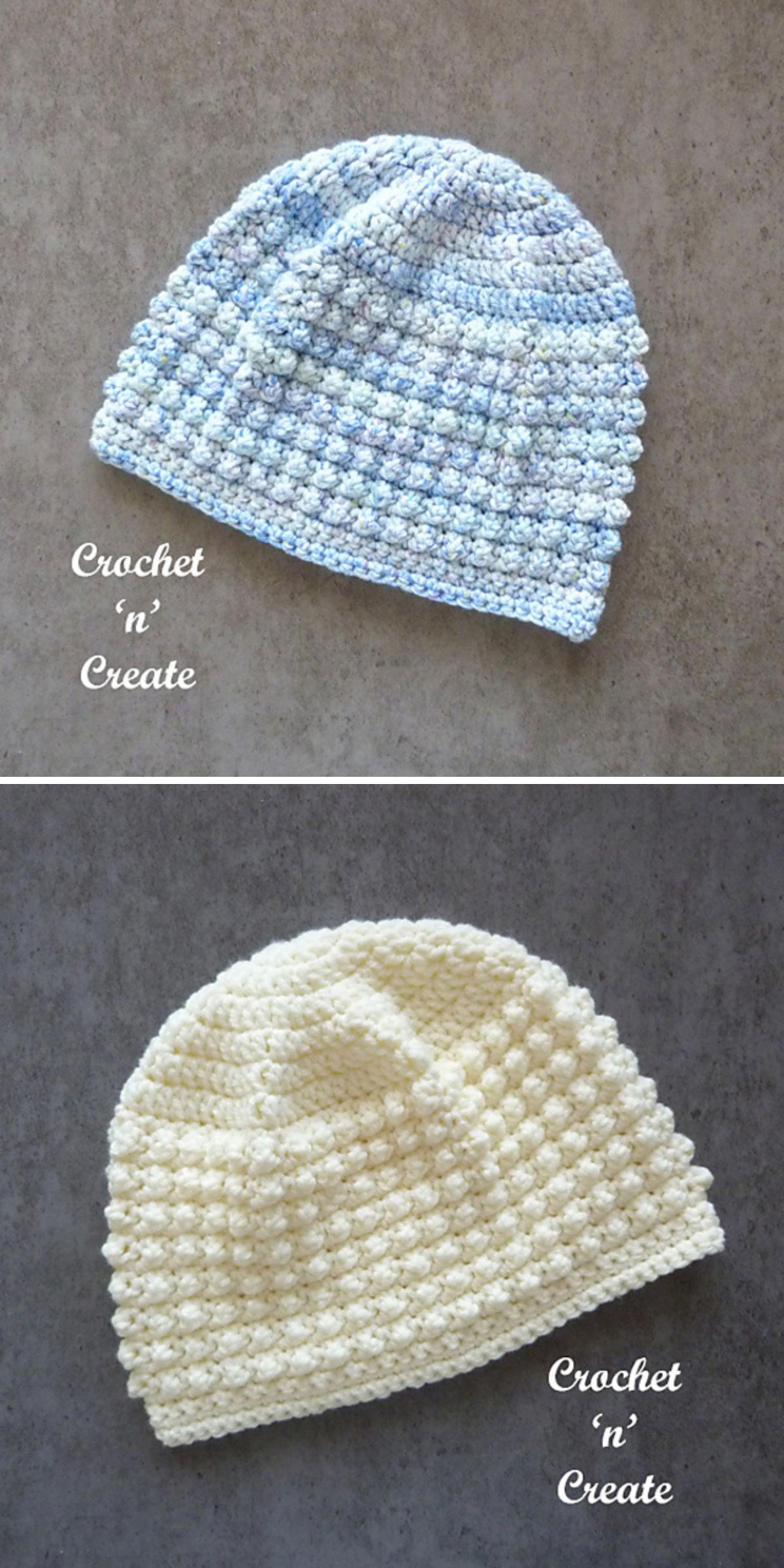 two textured crochet baby beanies in blue and white colors