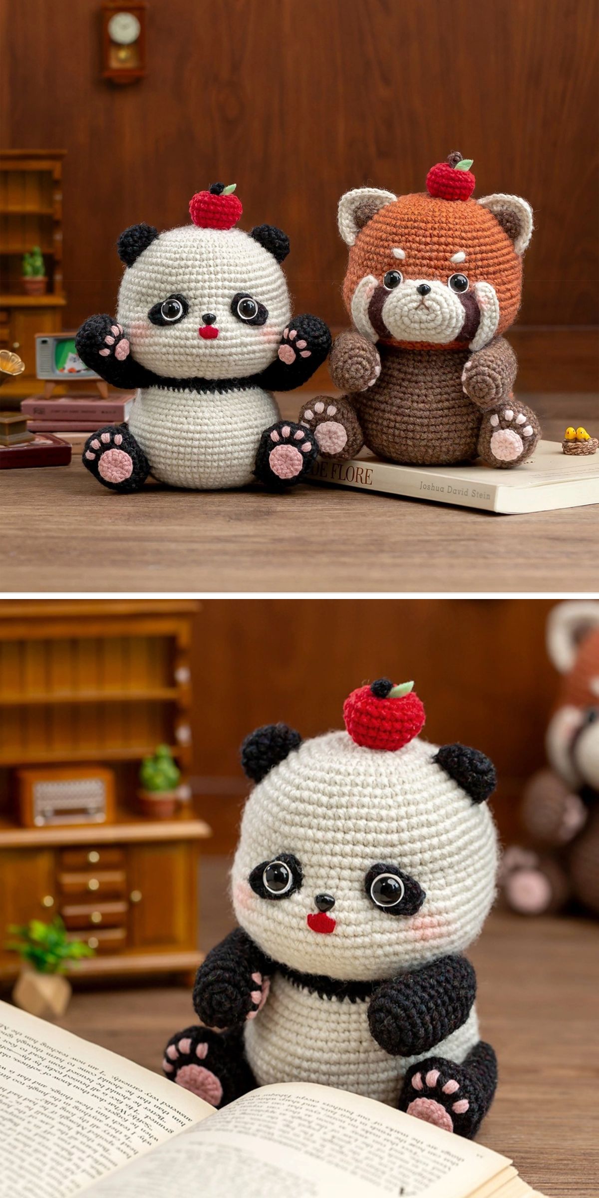 Two adorable crochet stuffed animals — a crochet panda with an apple on its head and a red panda — are displayed on a desk, surrounded by books and miniature furniture in the background.