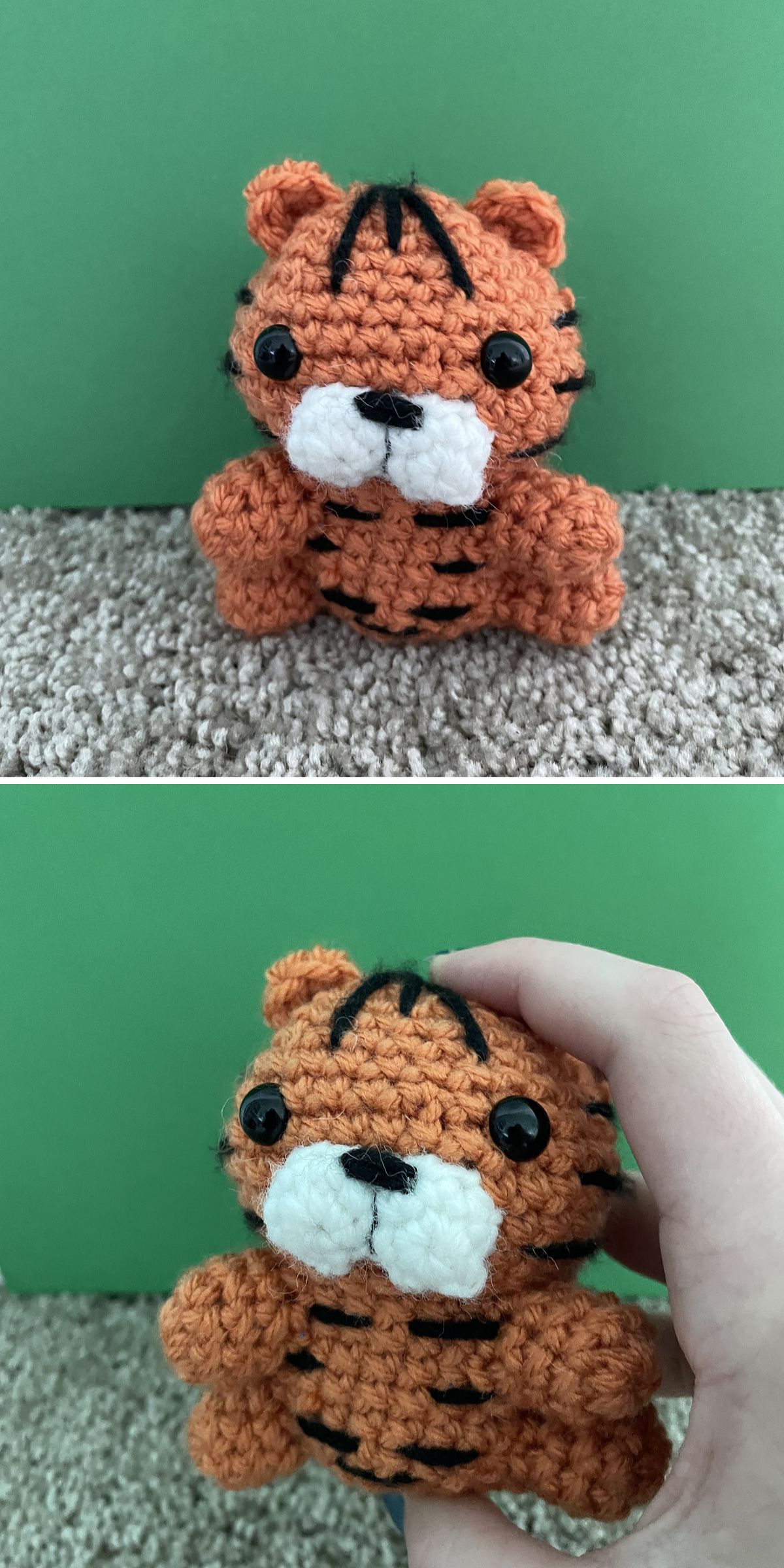 Two photos of a small crocheted orange tiger with black stripes and white accents, shown sitting on carpet against a green background; a hand holds the tiger in the second image.
