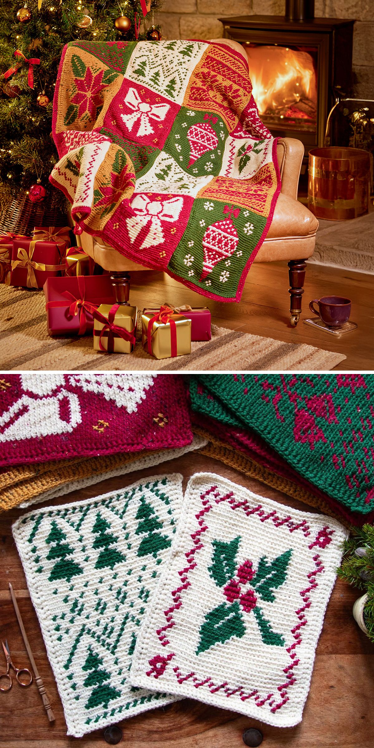 A festive Christmas crochet blanket with holiday motifs is draped over a chair by the fireplace, surrounded by wrapped gifts and featuring close-ups of crocheted holiday patterns.