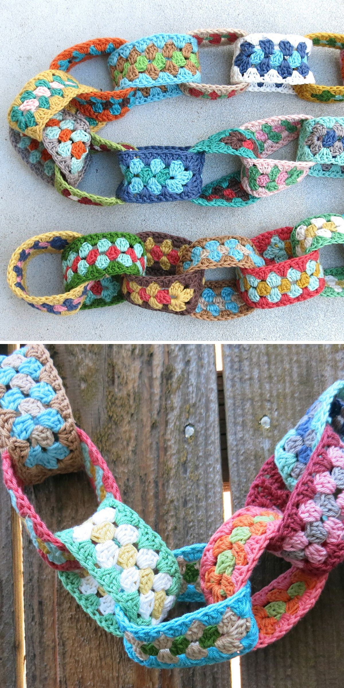 Two images show a colorful paper chain-style garland made of crocheted granny squares, linked together and displayed on a flat surface and hanging on a wooden fence—a charming crochet home decor accent.