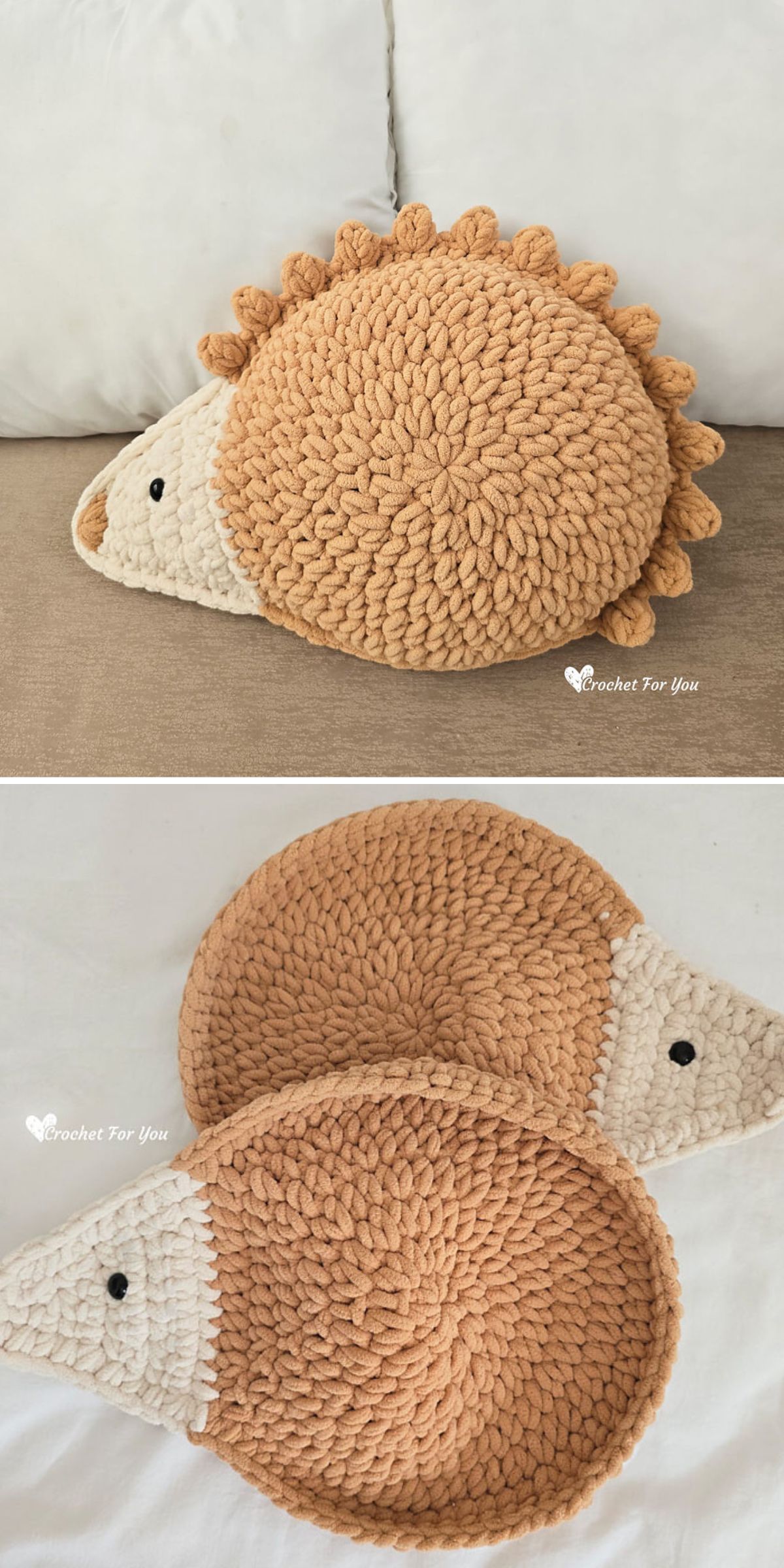 Two images show a crochet pillow shaped like a plush hedgehog and two matching crochet hedgehog-shaped mats, all made with beige and brown yarn featuring simple black eyes.