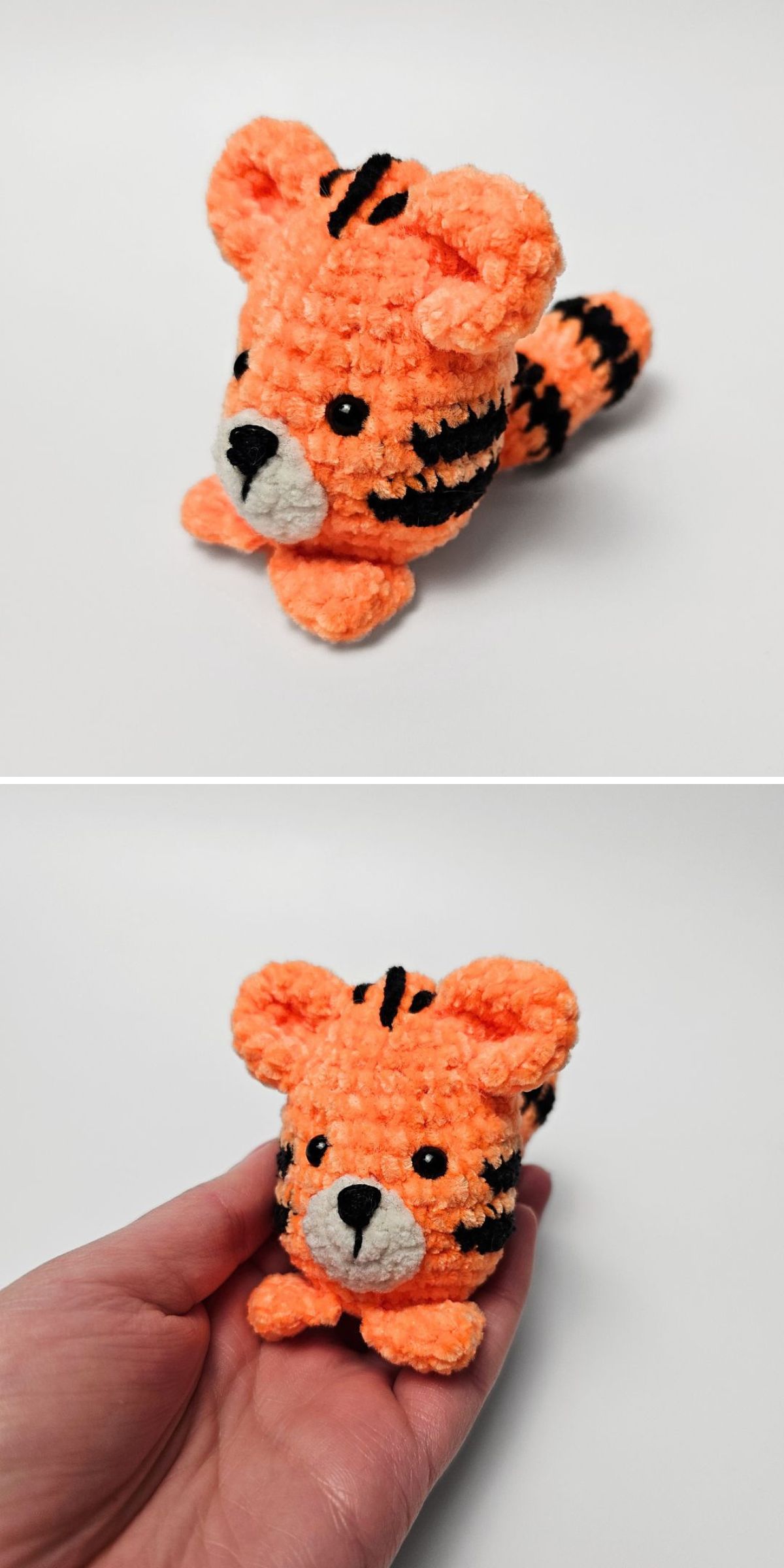 Two photos show a small, orange, plush tiger toy with black stripes and a white snout; in one image, the toy is held in a person's hand for scale.