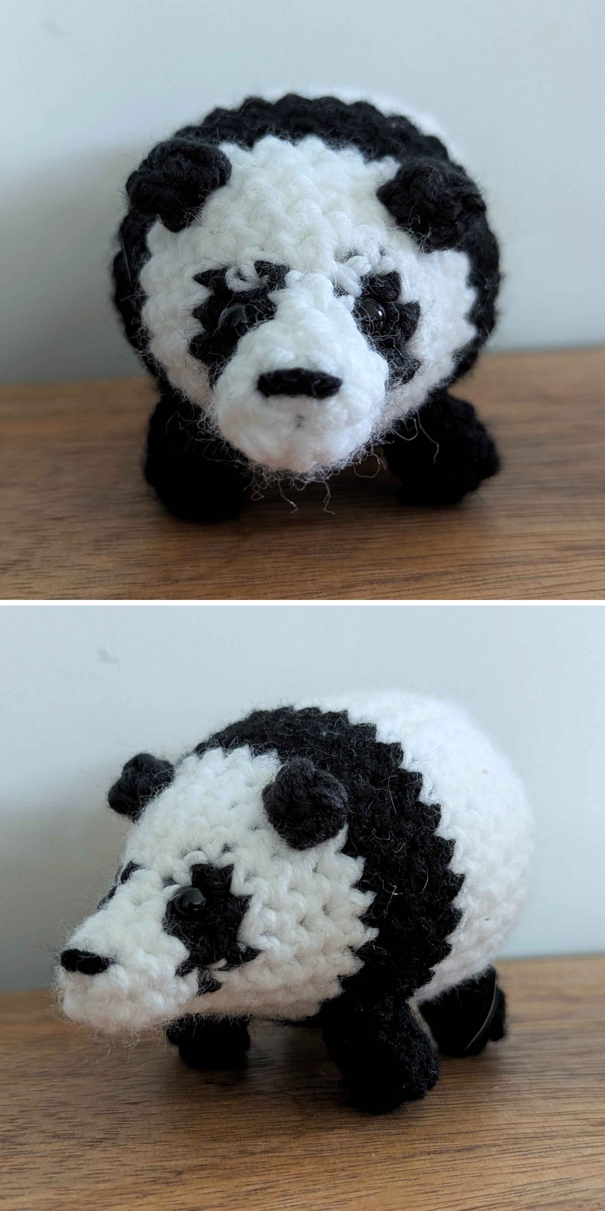Two views of a small, handmade crochet panda are displayed on a wooden surface against a white background.
