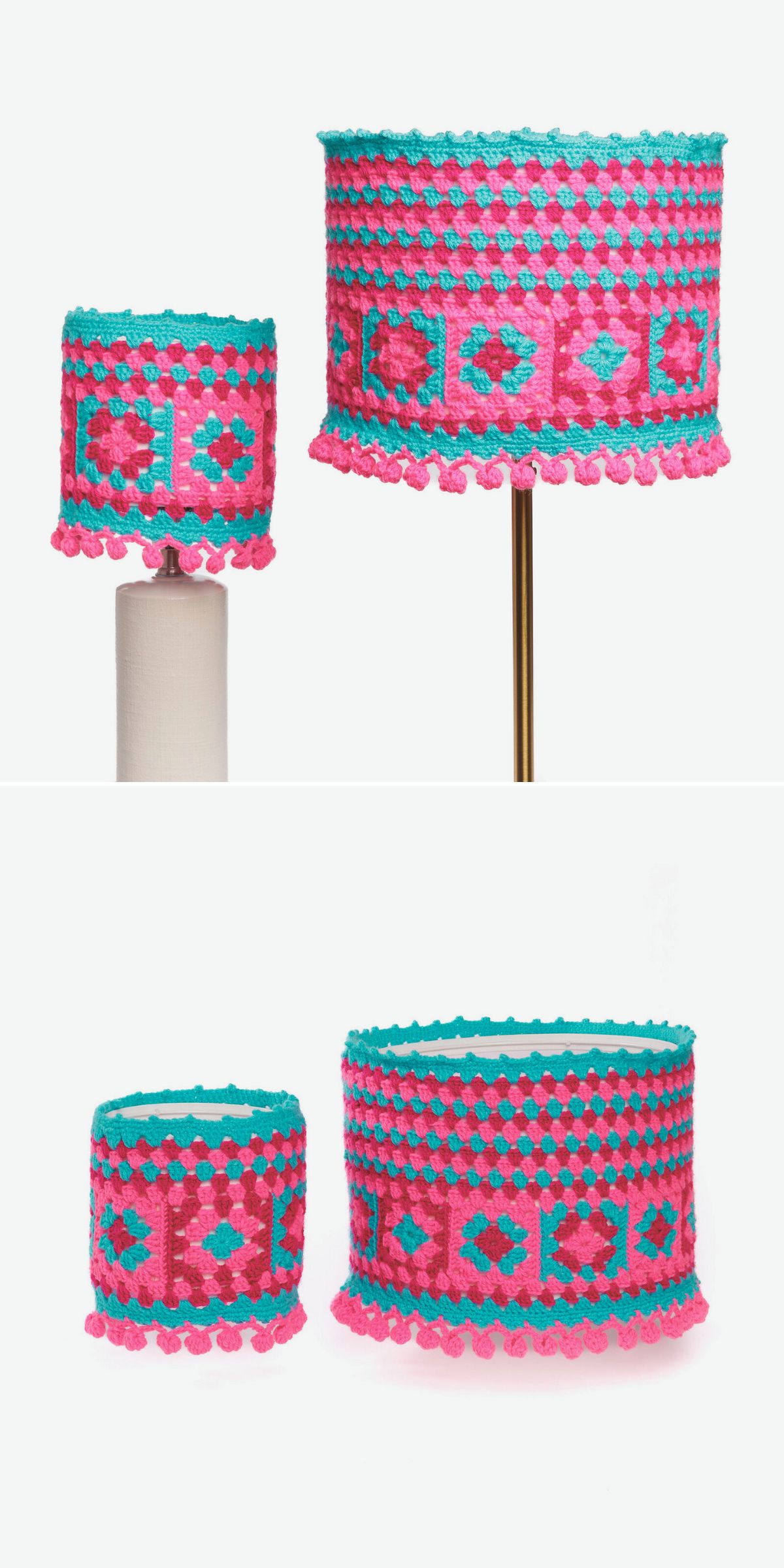 Two lampshades, small and large, feature a pink and teal crocheted pattern with geometric and diamond motifs—a charming crochet home decor accent—shown on and off lamp bases against a white background.