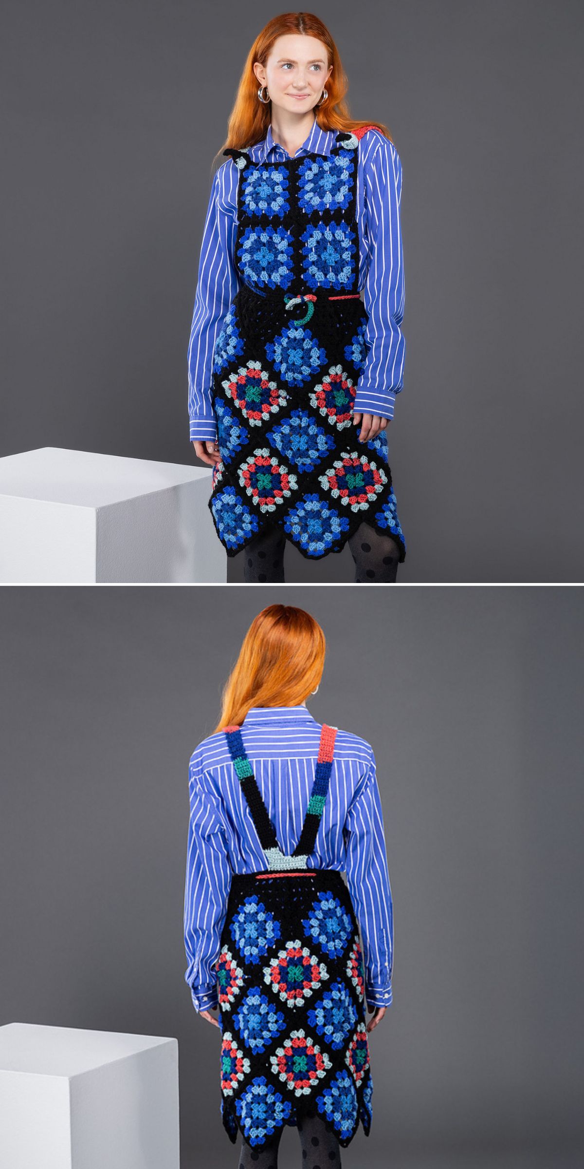 a woman in blue and black crochet sundress made with granny squares with stripes on the back