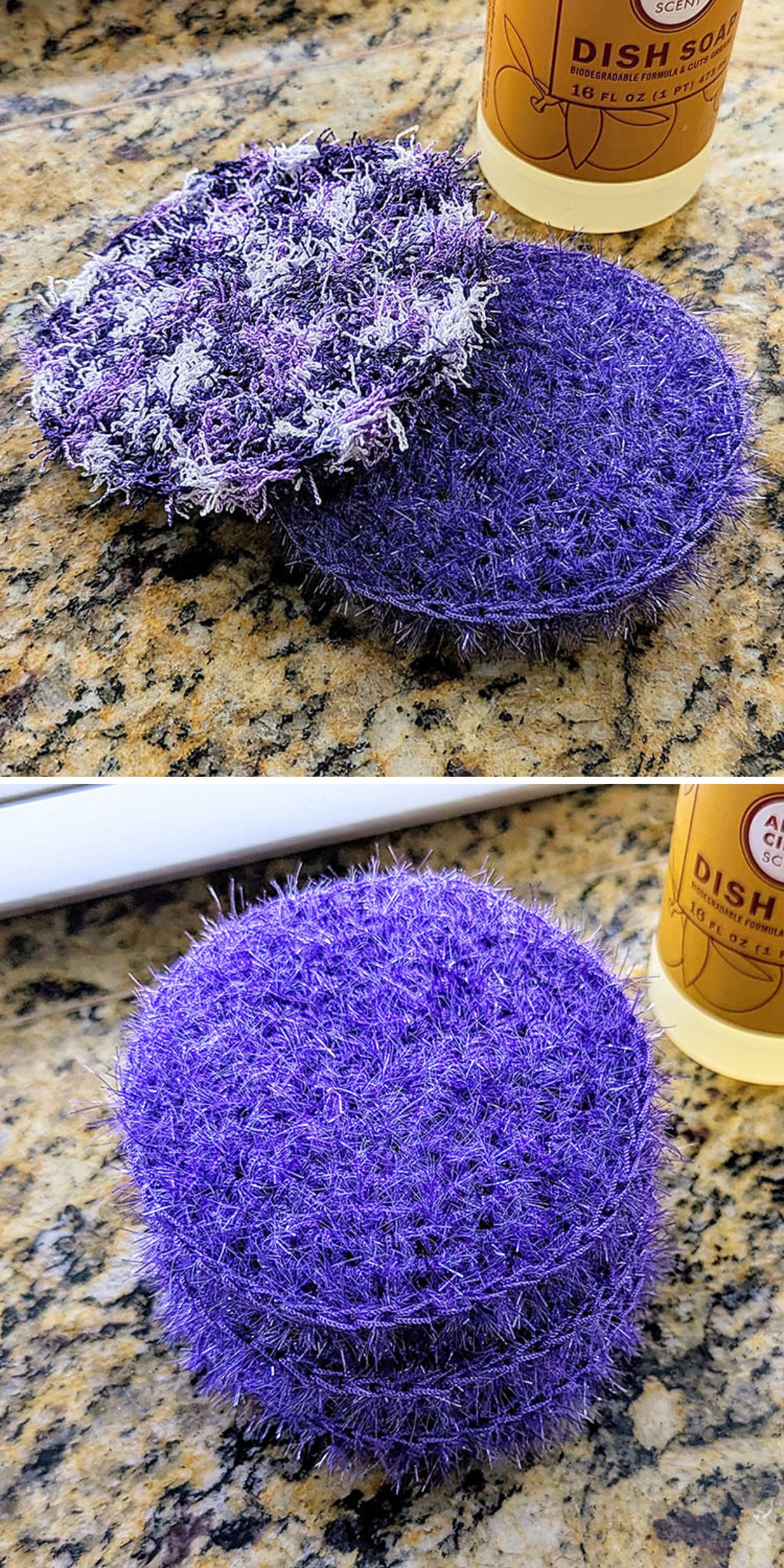 Two images of round purple crochet spa dish scrubbers on a granite countertop; the top image features one worn scrubber, while the bottom image shows three new ones stacked together.