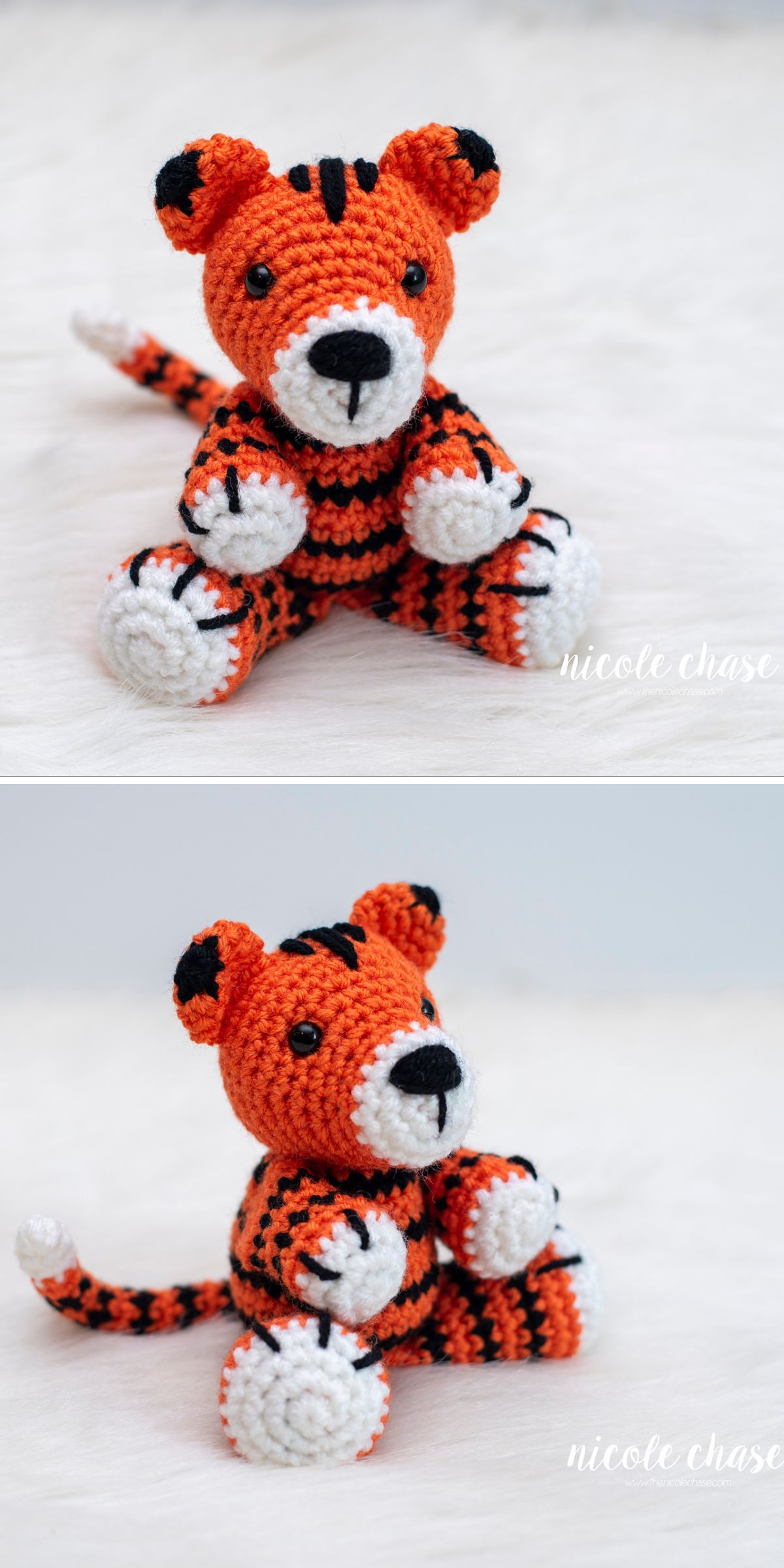 Two photos of an orange and black crocheted tiger plush toy with white paws, sitting on a light surface.