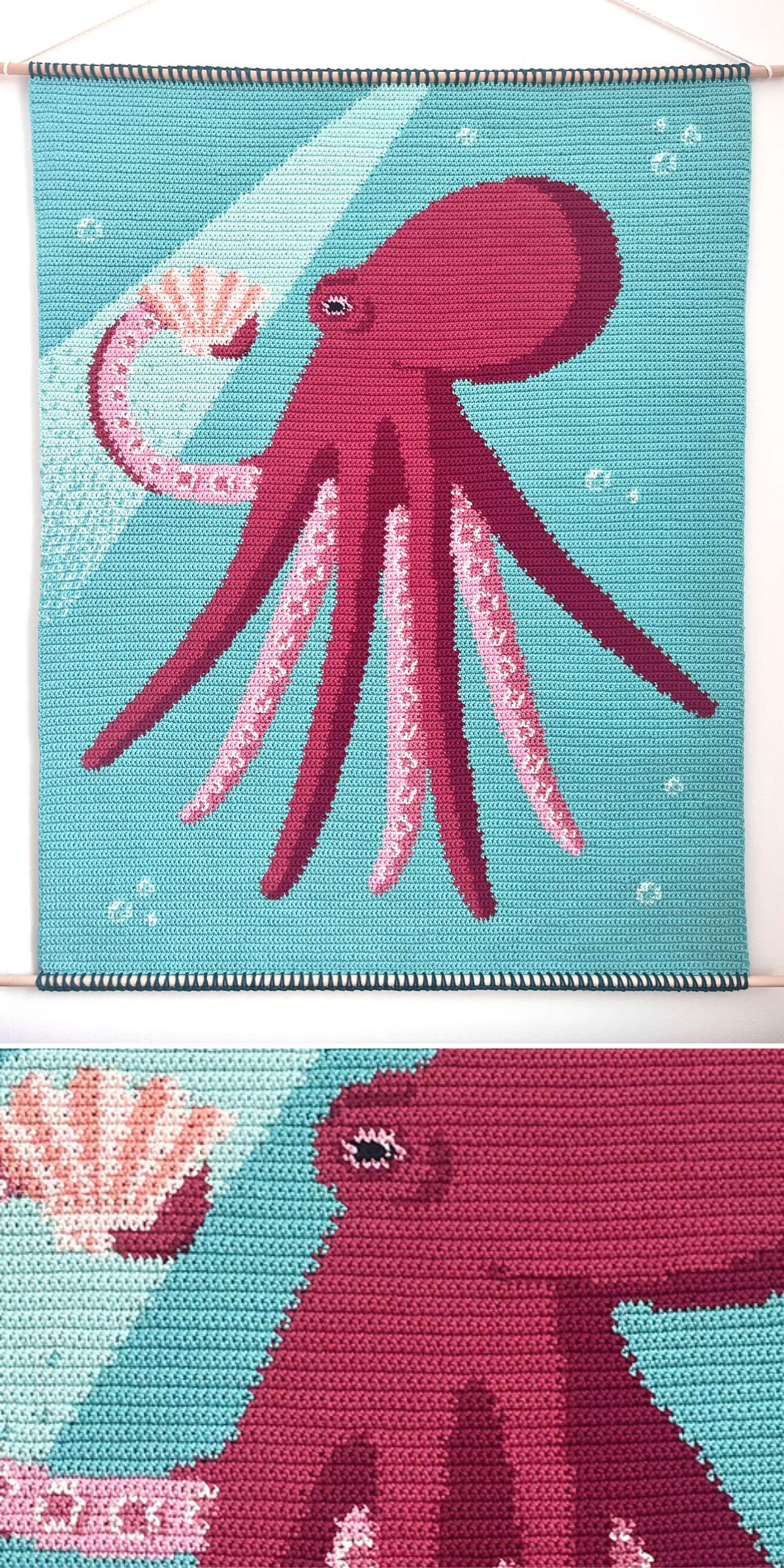 A crocheted wall hanging depicts a pink octopus holding a seashell on a blue background with bubbles, perfect for adding charm to your crochet home decor. A close-up highlights the intricate crochet details of the octopus and shell.
