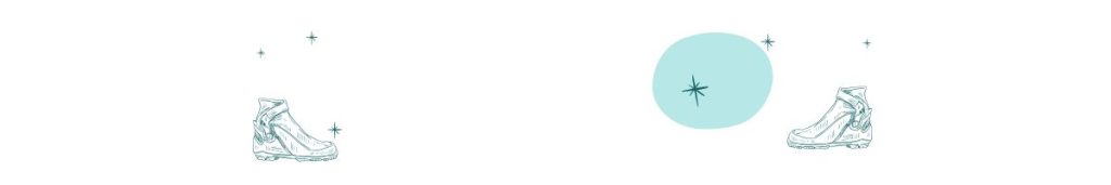 Two illustrated hiking boots, each surrounded by small stars; the right boot is next to a blue circle with a star inside, evoking the cozy charm of winter crochet patterns.